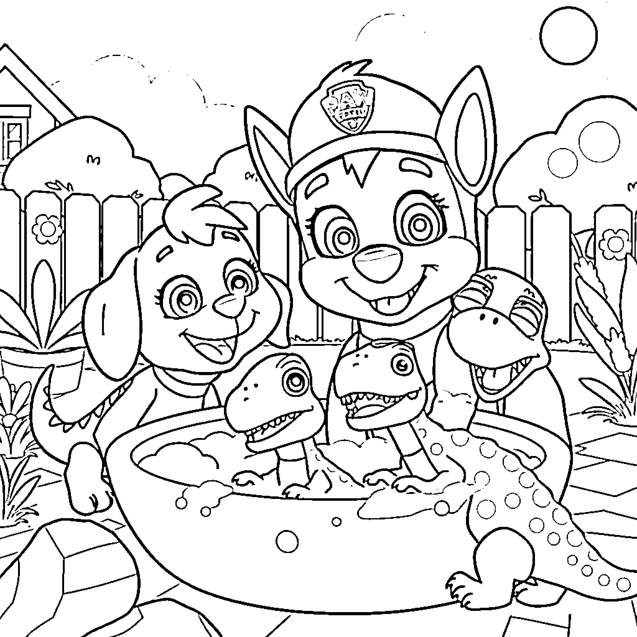Paw Patrol characters playing in outdoor adventure scene Coloring Page (free black-and-white line drawing printable PDF for all, from beginners to advanced learners, including children, teens, adults, and seniors)