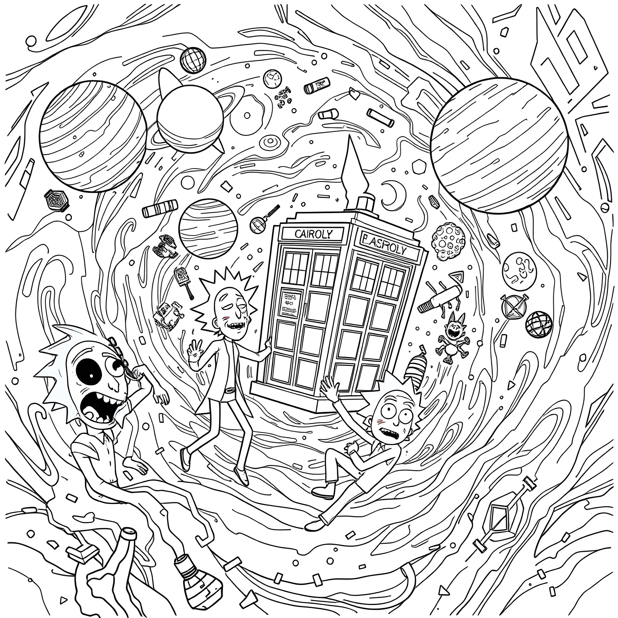 Rick And Morty Embarking on a Chaotic Interdimensional Adventure Coloring Page (free black-and-white line drawing printable PDF for all, from beginners to advanced learners, including children, teens, adults, and seniors)