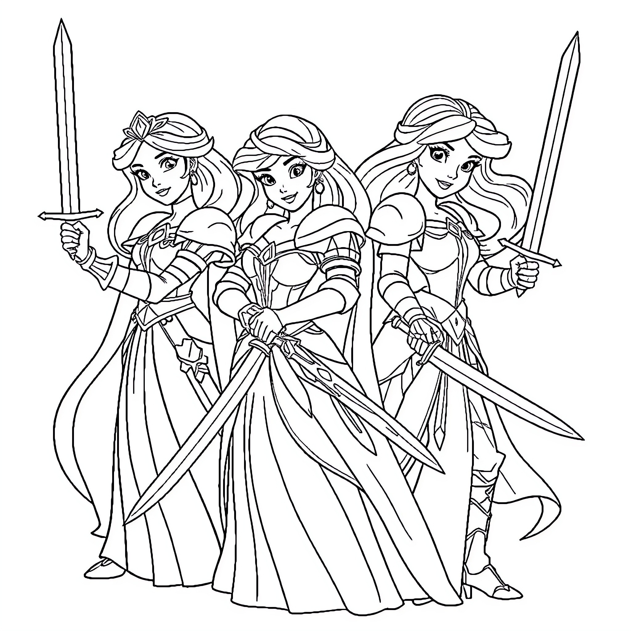 Disney Princess Heroines Battle with Swords Coloring Page (free black-and-white line drawing printable PDF for all, from beginners to advanced learners, including children, teens, adults, and seniors)