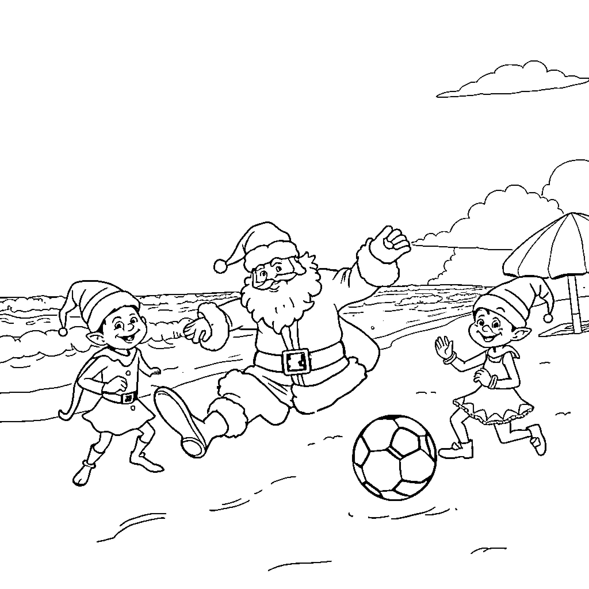 Santa and Elves Playing Soccer on the Beach Coloring Page (free black-and-white line drawing printable PDF for all, from beginners to advanced learners, including children, teens, adults, and seniors)