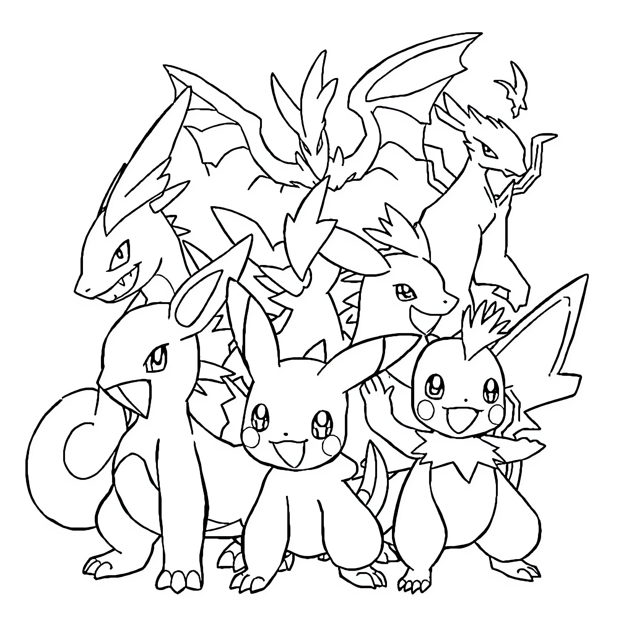 Pokémon characters gathered together in a group Coloring Page (free black-and-white line drawing printable PDF for all, from beginners to advanced learners, including children, teens, adults, and seniors)