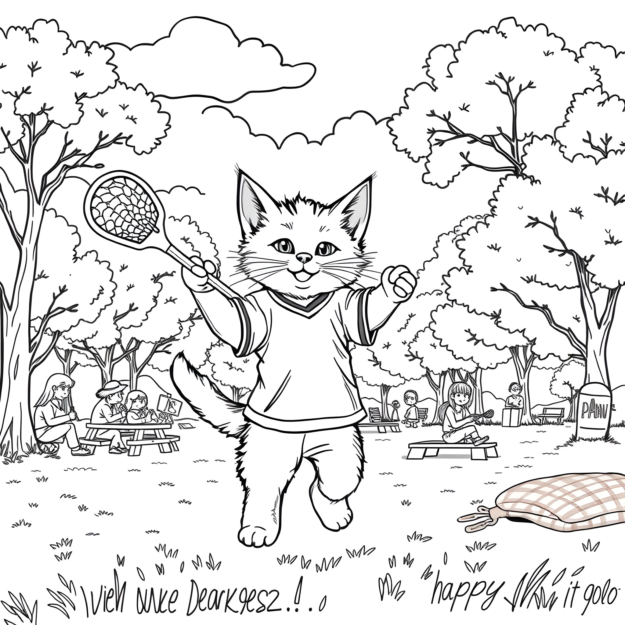 Kitten playing happily with a tennis racket in the park Coloring Page (free black-and-white line drawing printable PDF for all, from beginners to advanced learners, including children, teens, adults, and seniors)