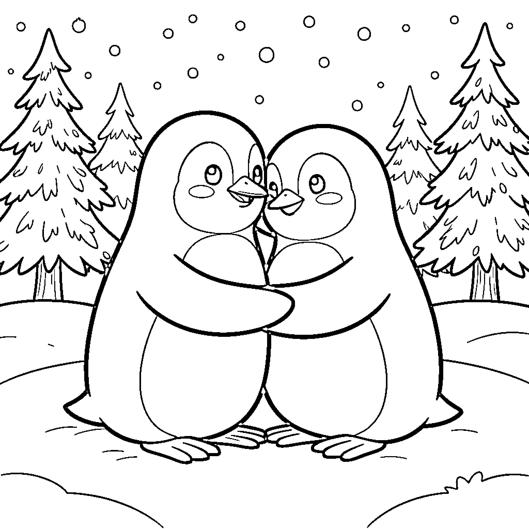Penguins hugging each other in a snowy forest Coloring Page (free black-and-white line drawing printable PDF for all, from beginners to advanced learners, including children, teens, adults, and seniors)