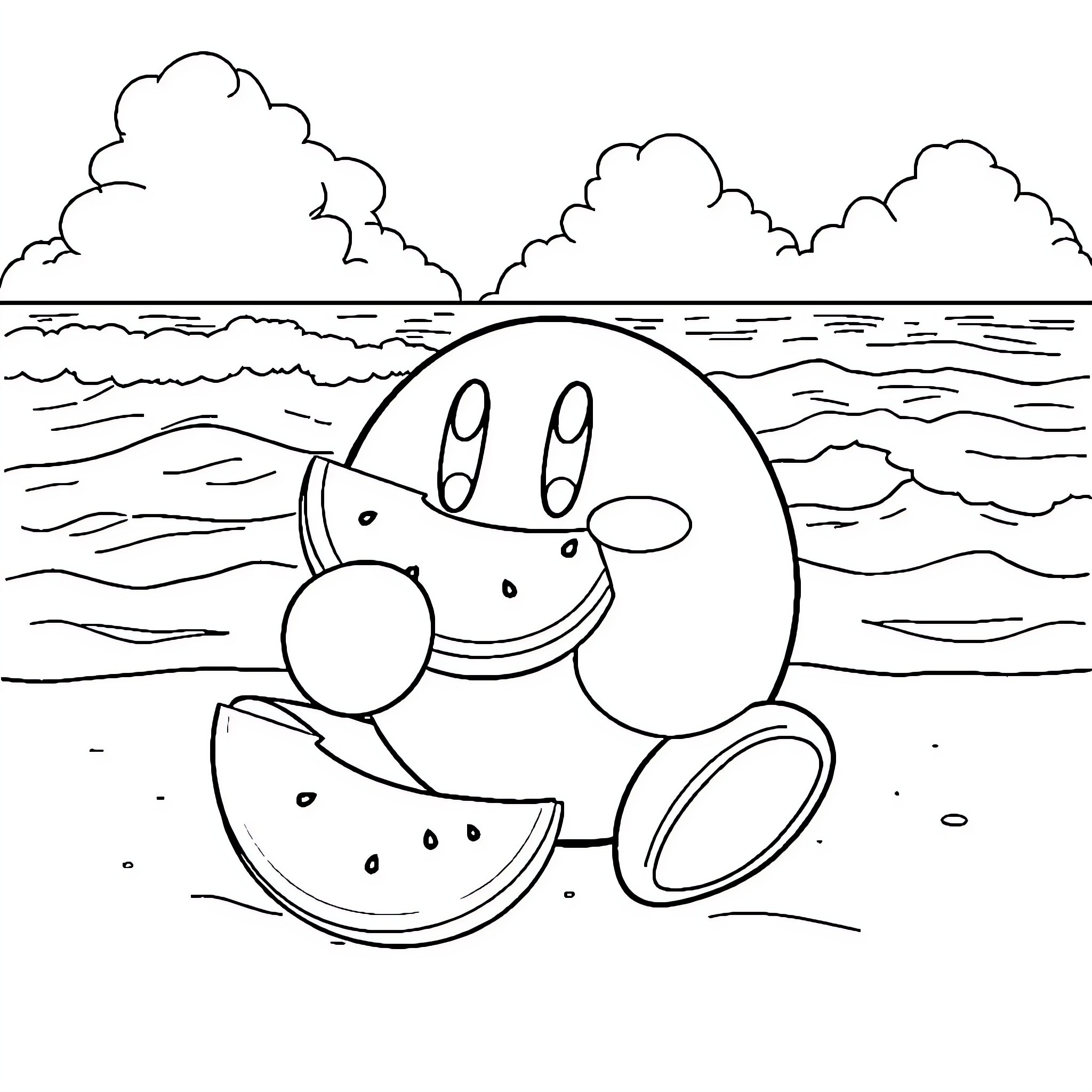 Kirby relaxing on the beach with watermelon Coloring Page (free black-and-white line drawing printable PDF for all, from beginners to advanced learners, including children, teens, adults, and seniors)