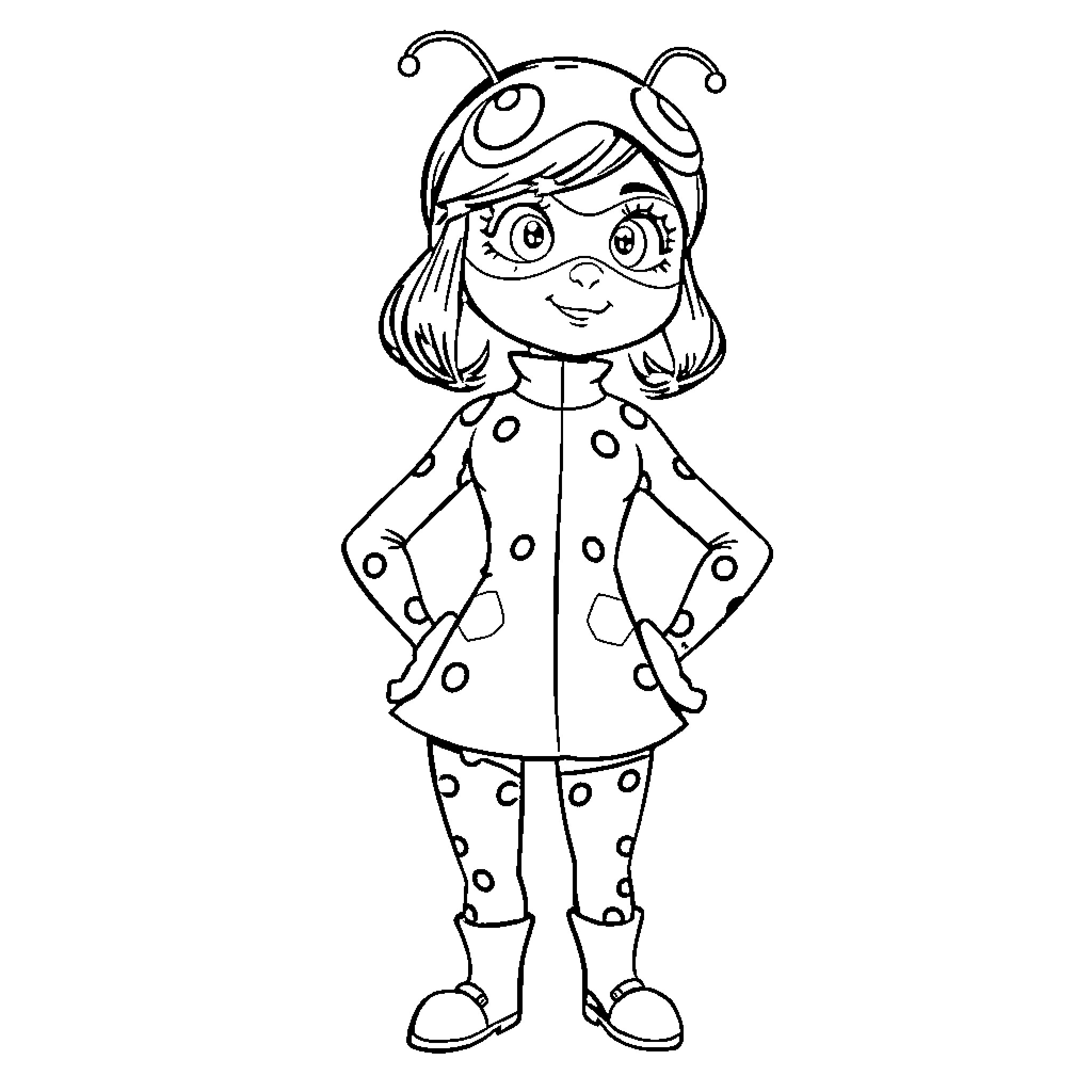Marinette as an energetic and cheerful character Coloring Page (free black-and-white line drawing printable PDF for all, from beginners to advanced learners, including children, teens, adults, and seniors)