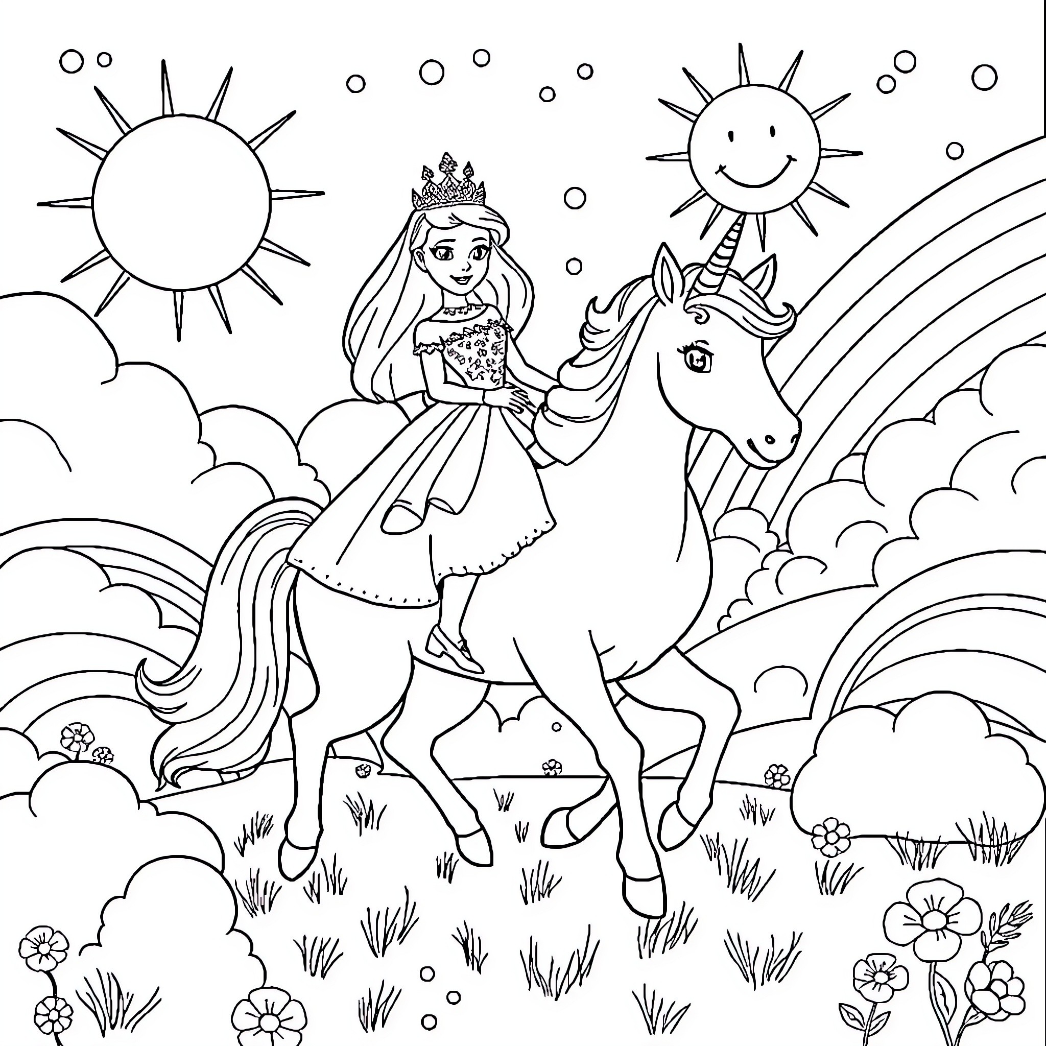 Princess Riding Unicorn in Magical Landscape Coloring Page (free black-and-white line drawing printable PDF for all, from beginners to advanced learners, including children, teens, adults, and seniors)