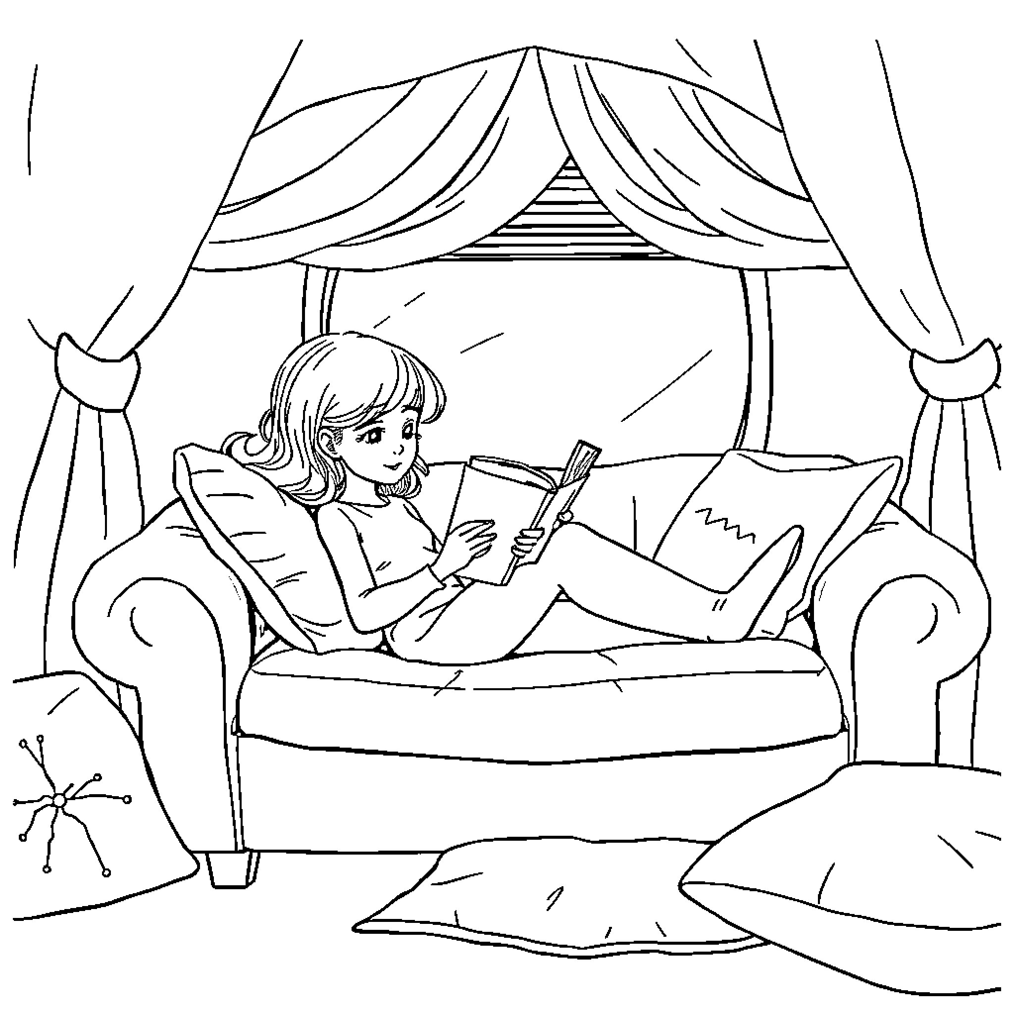 Girl relaxing and reading book on couch Coloring Page (free black-and-white line drawing printable PDF for all, from beginners to advanced learners, including children, teens, adults, and seniors)