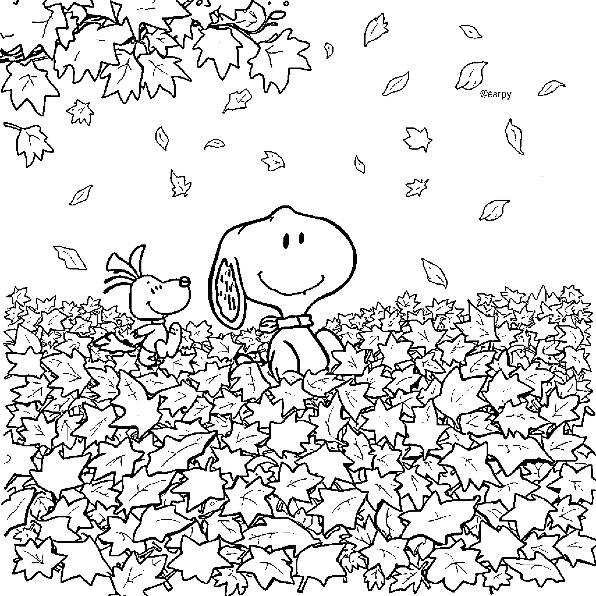 Snoopy playing in autumn leaves Coloring Page (free black-and-white line drawing printable PDF for all, from beginners to advanced learners, including children, teens, adults, and seniors)