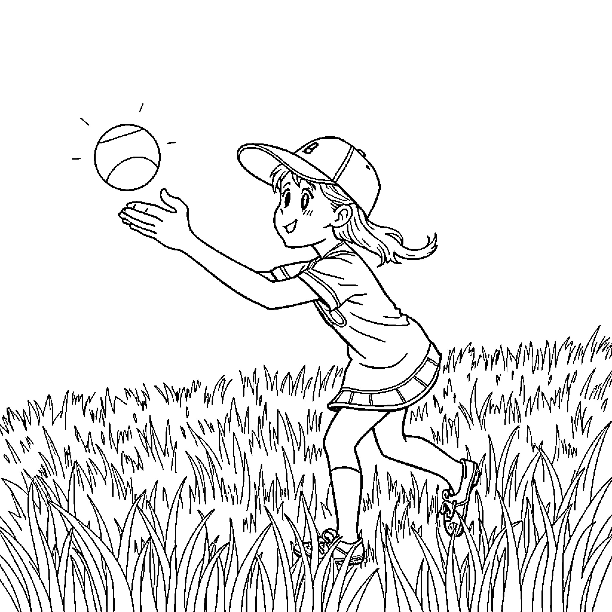 Girl playing with a ball in the field Coloring Page (free black-and-white line drawing printable PDF for all, from beginners to advanced learners, including children, teens, adults, and seniors)