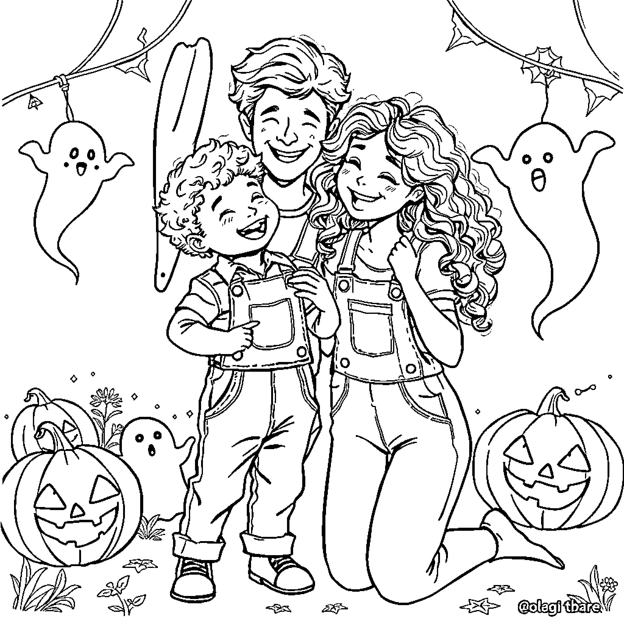 Son and Daughter Halloween Celebration Coloring Page (free black-and-white line drawing printable PDF for all, from beginners to advanced learners, including children, teens, adults, and seniors)