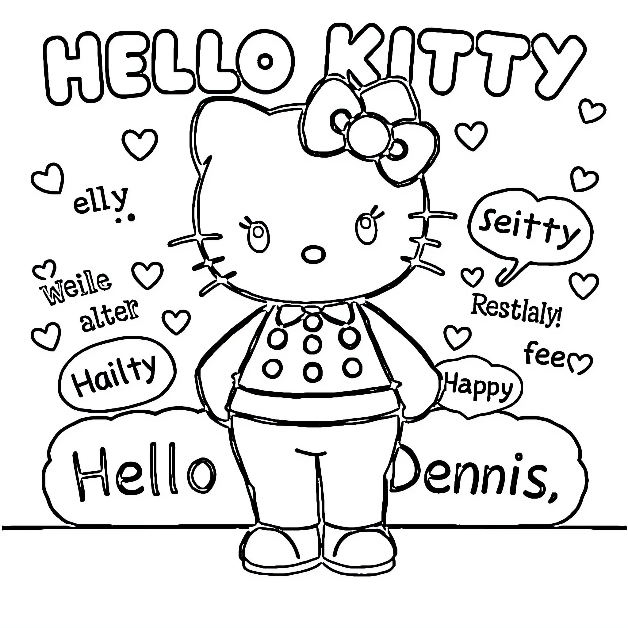 Hello Kitty greets Dennis with words and expressions Coloring Page (free black-and-white line drawing printable PDF for all, from beginners to advanced learners, including children, teens, adults, and seniors)