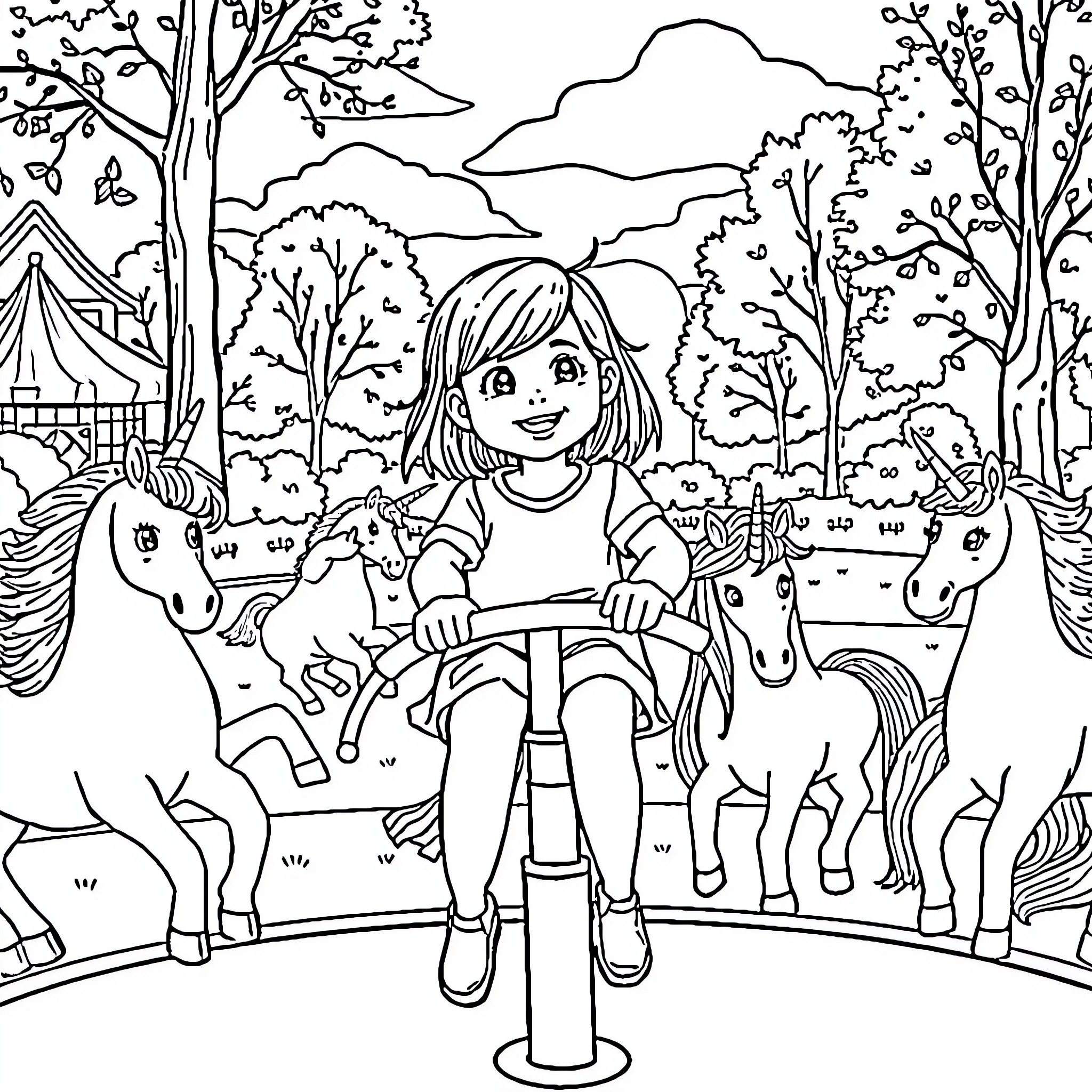 Girl playing on a carousel with unicorns in a fantasy forest Coloring Page (free black-and-white line drawing printable PDF for all, from beginners to advanced learners, including children, teens, adults, and seniors)