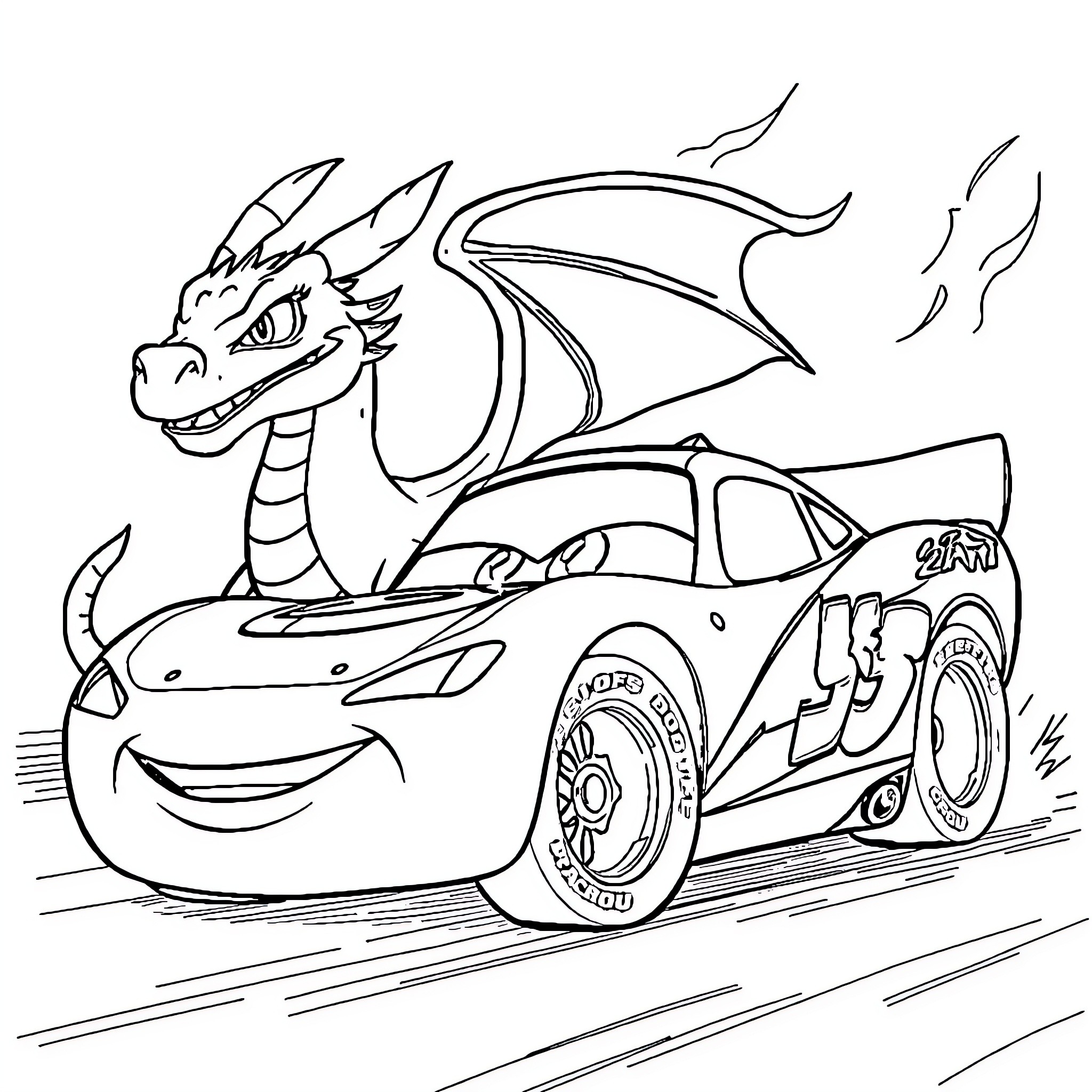 Flash McQueen racing with a dragon co-driver Coloring Page (free black-and-white line drawing printable PDF for all, from beginners to advanced learners, including children, teens, adults, and seniors)