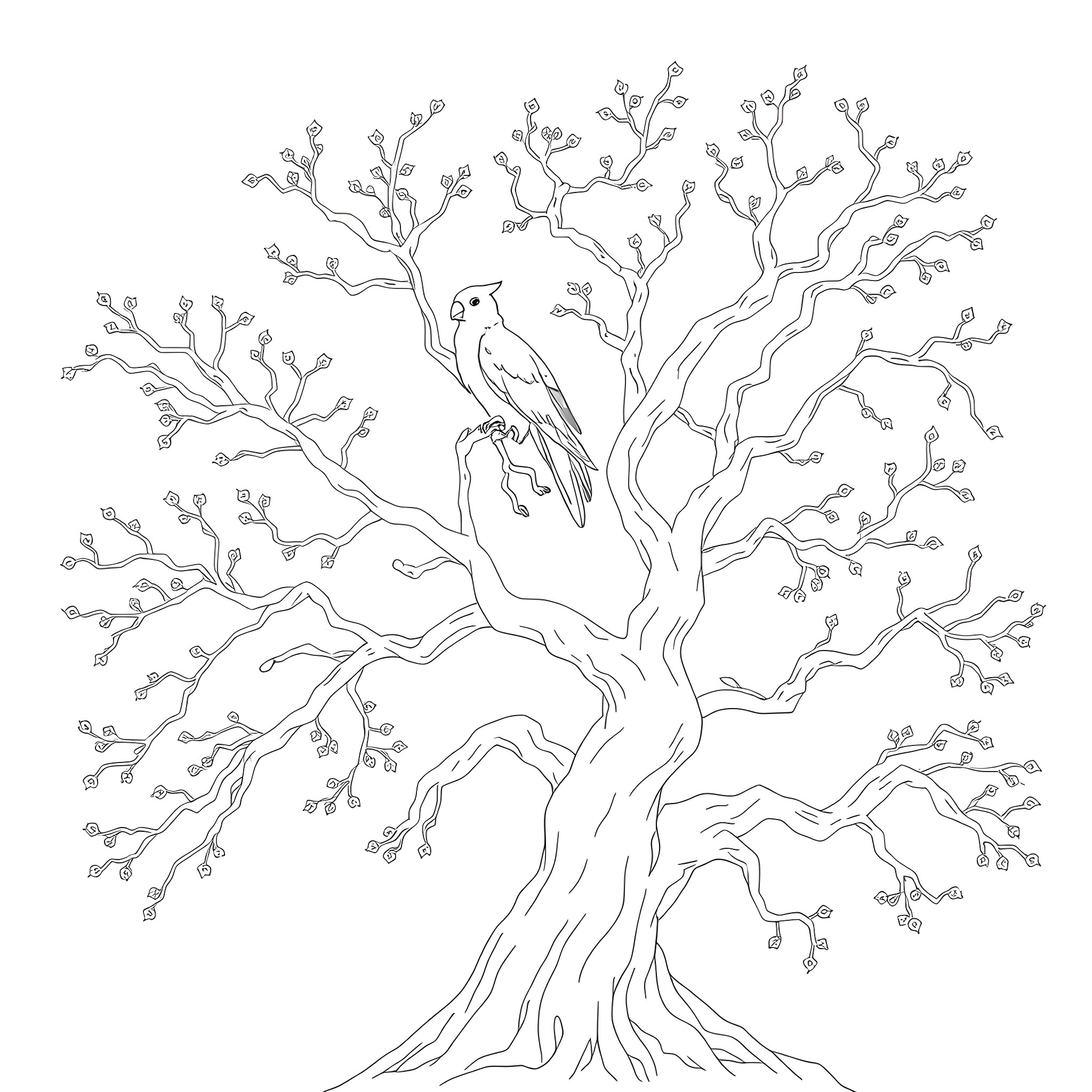 Chinavia Hilaris: Bird perched on a twisted, leafy tree Coloring Page (free black-and-white line drawing printable PDF for all, from beginners to advanced learners, including children, teens, adults, and seniors)