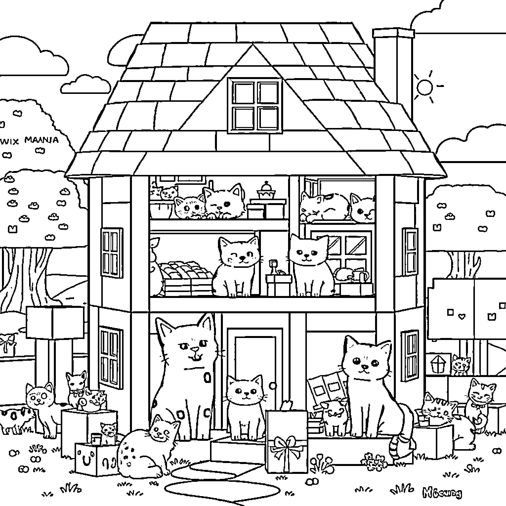 Cat Adorable Cottage Filled with Feline Companions Coloring Page (free black-and-white line drawing printable PDF for all, from beginners to advanced learners, including children, teens, adults, and seniors)