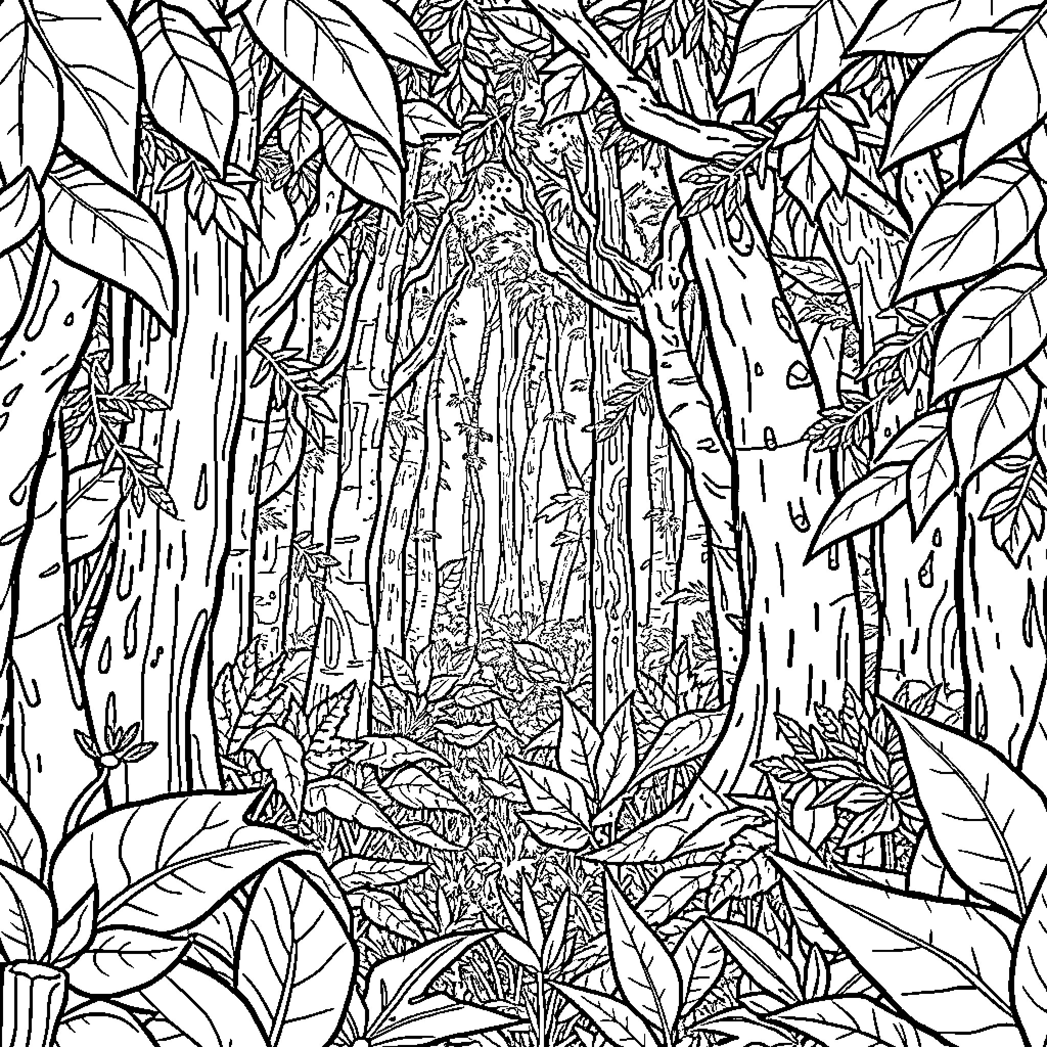 Jungle Wilderness Exploration Coloring Page (free black-and-white line drawing printable PDF for all, from beginners to advanced learners, including children, teens, adults, and seniors)