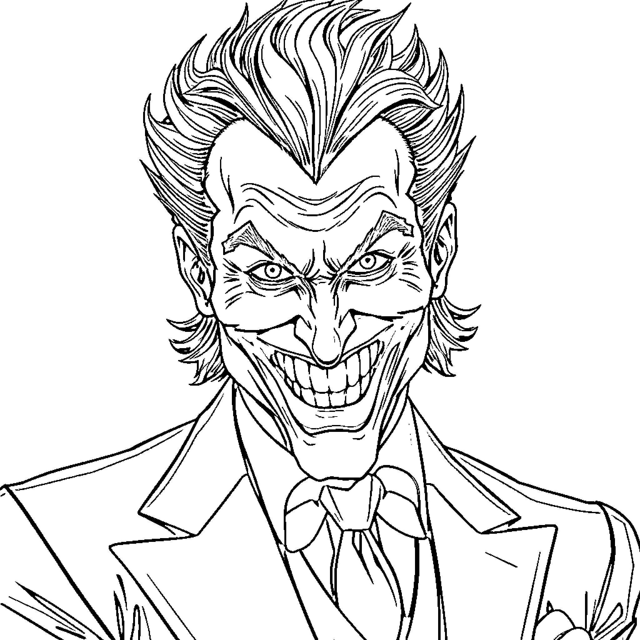 Joker grinning menacingly in black and white Coloring Page (free black-and-white line drawing printable PDF for all, from beginners to advanced learners, including children, teens, adults, and seniors)