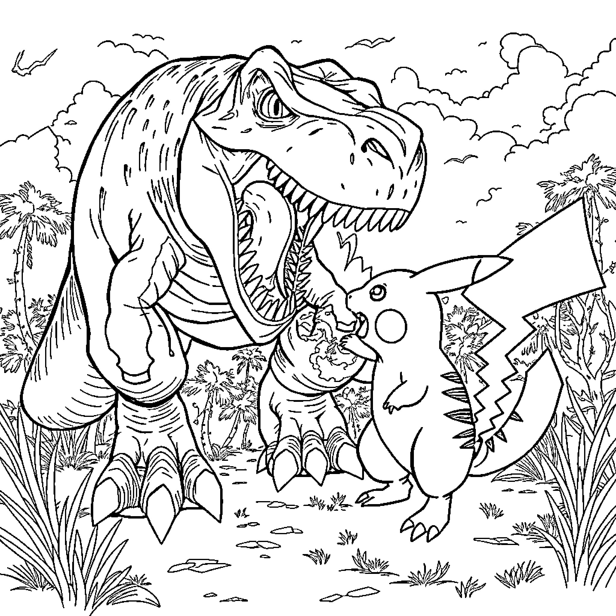 Tyrannosaurus and Pikachu in a Prehistoric Landscape Coloring Page (free black-and-white line drawing printable PDF for all, from beginners to advanced learners, including children, teens, adults, and seniors)