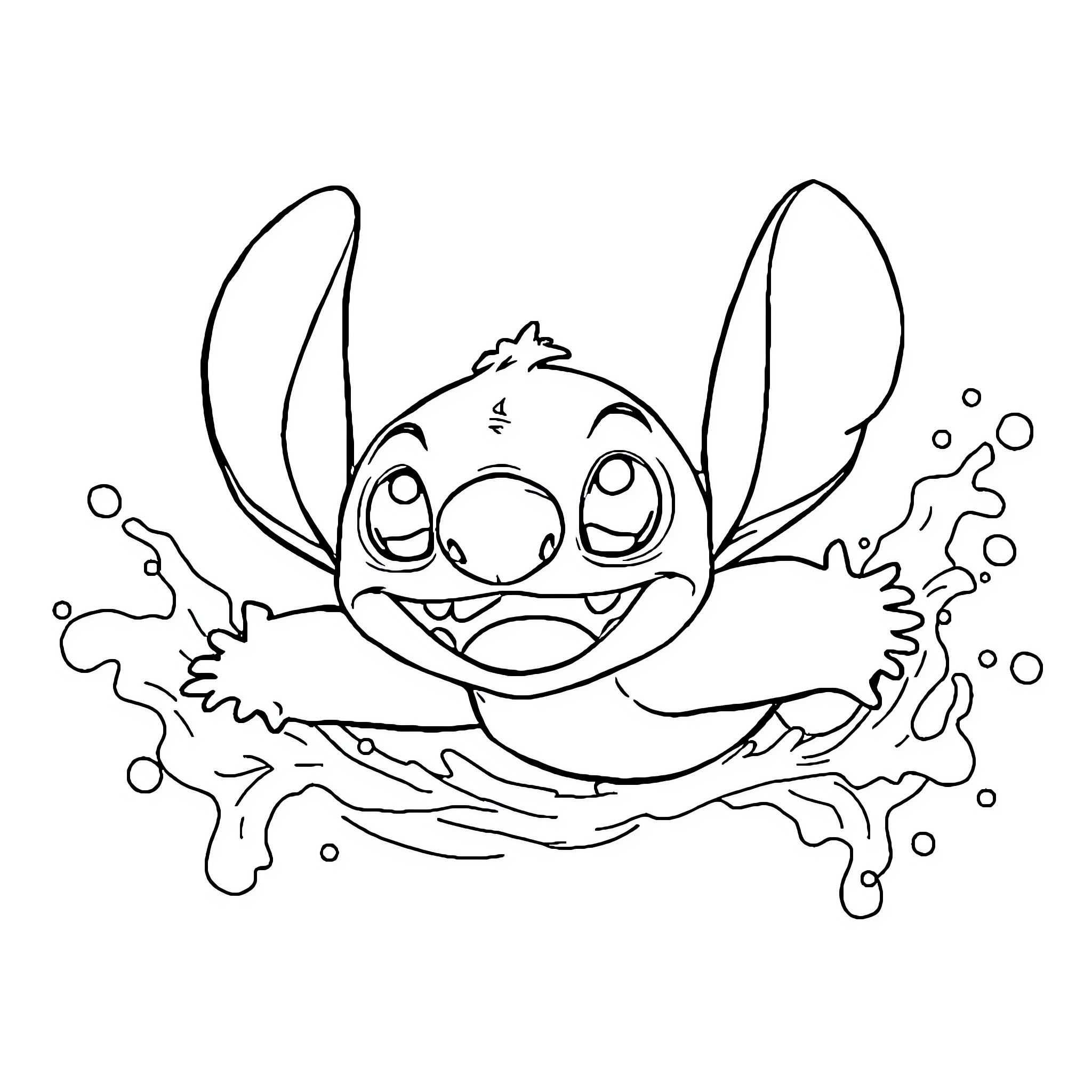 Stitch splashing joyfully in the water Coloring Page (free black-and-white line drawing printable PDF for all, from beginners to advanced learners, including children, teens, adults, and seniors)