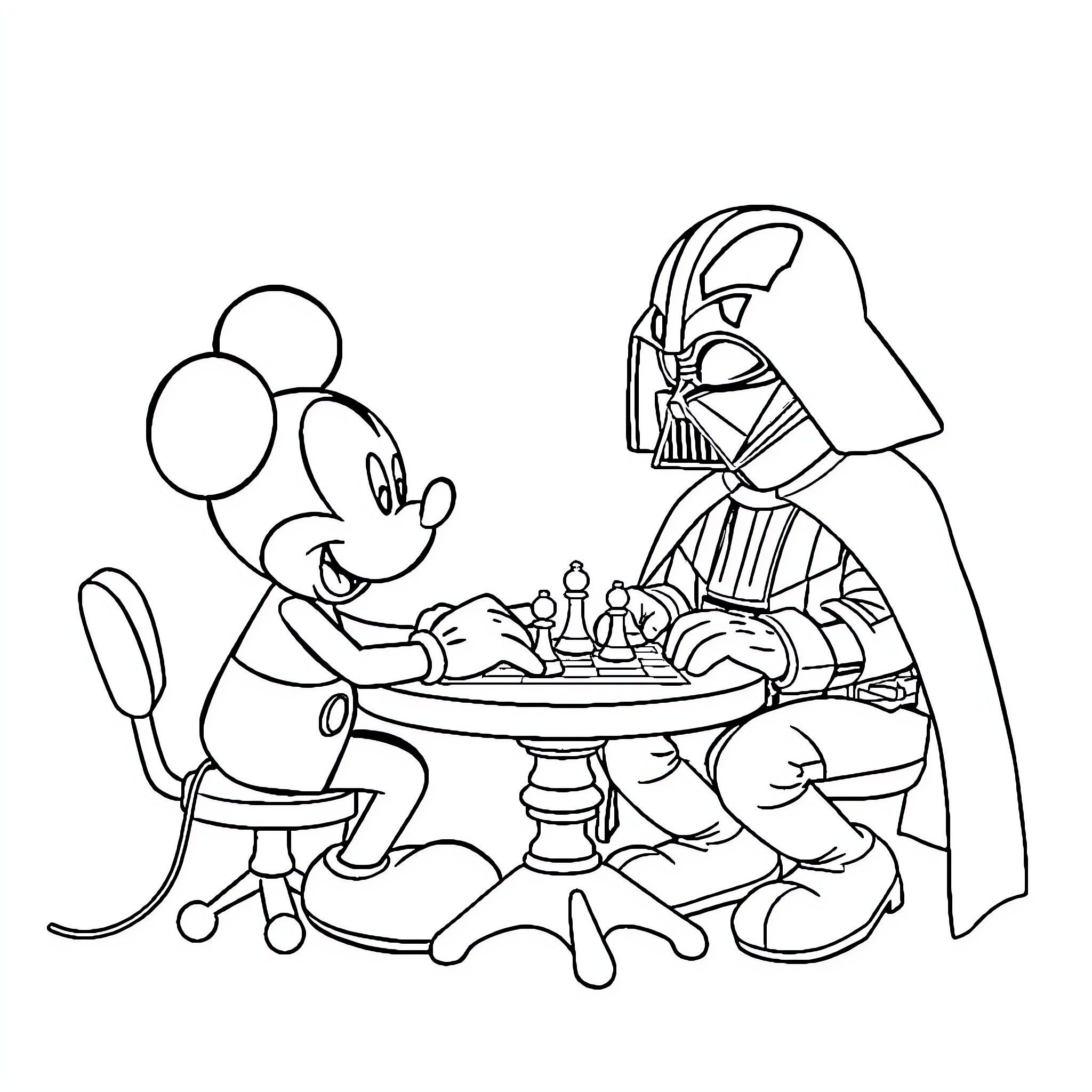 Mickey Mouse playing chess with Darth Vader Coloring Page (free black-and-white line drawing printable PDF for all, from beginners to advanced learners, including children, teens, adults, and seniors)