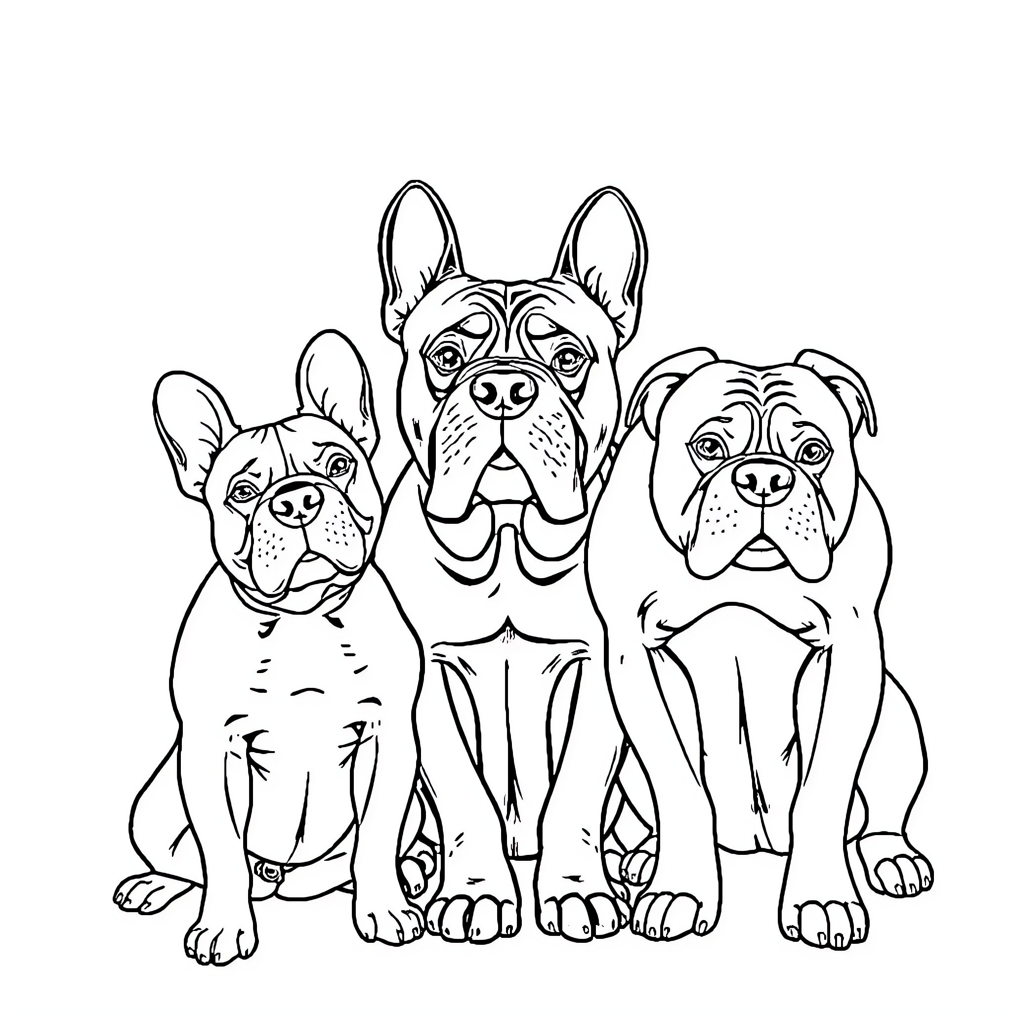 French Bulldog trio sitting together Coloring Page (free black-and-white line drawing printable PDF for all, from beginners to advanced learners, including children, teens, adults, and seniors)