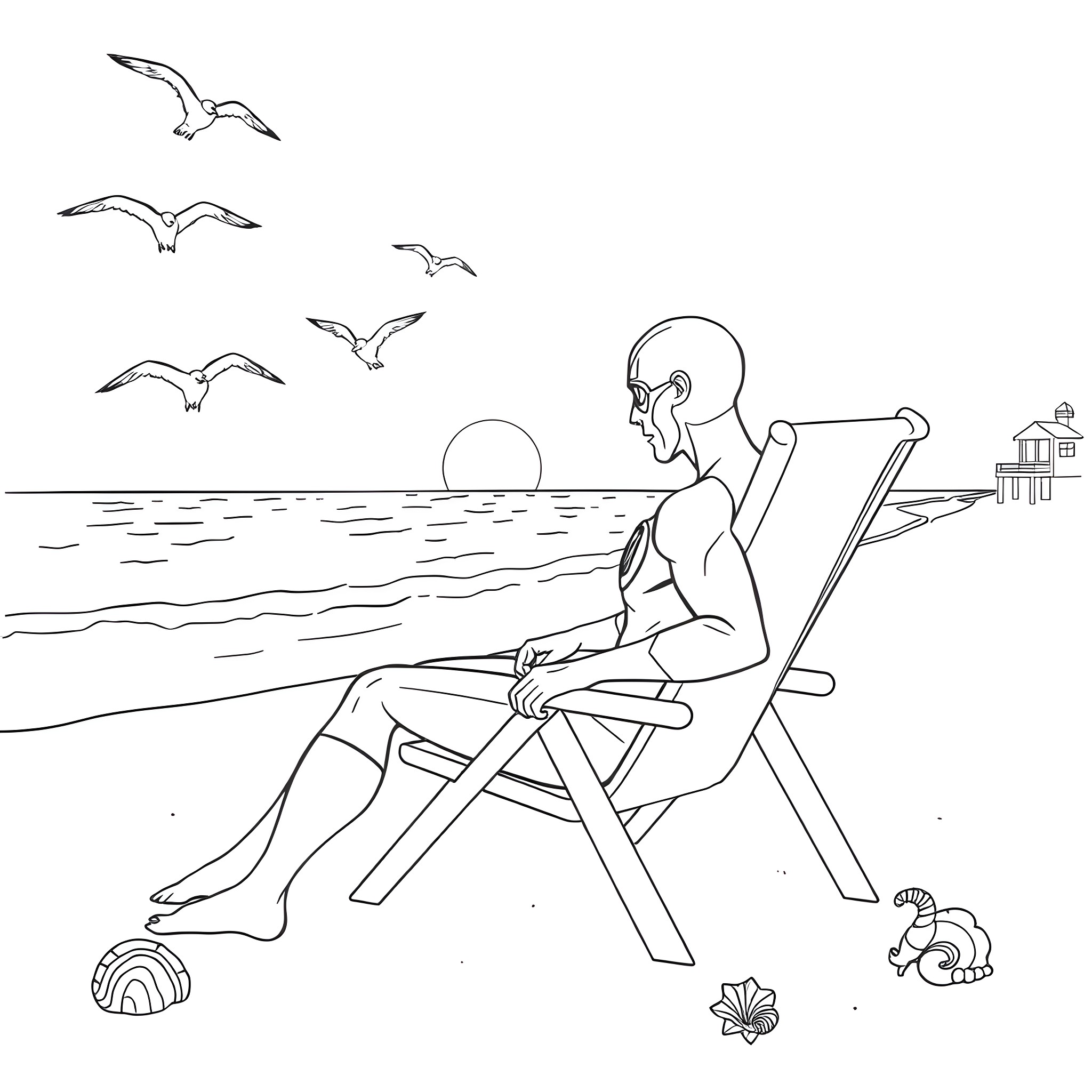 Flash relaxing by the beach with seagulls Coloring Page (free black-and-white line drawing printable PDF for all, from beginners to advanced learners, including children, teens, adults, and seniors)