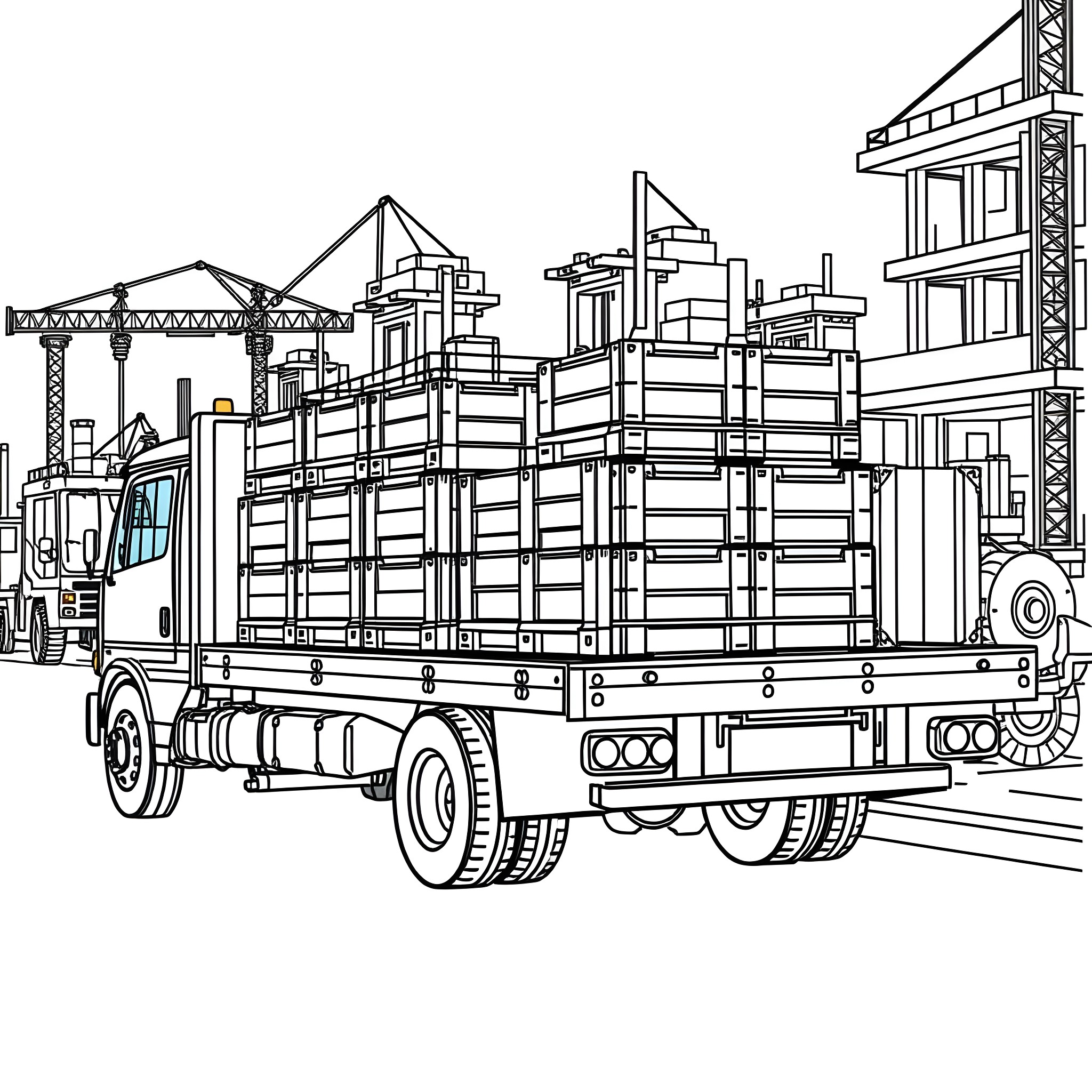 Flatbed truck transporting cargo in urban construction site Coloring Page (free black-and-white line drawing printable PDF for all, from beginners to advanced learners, including children, teens, adults, and seniors)