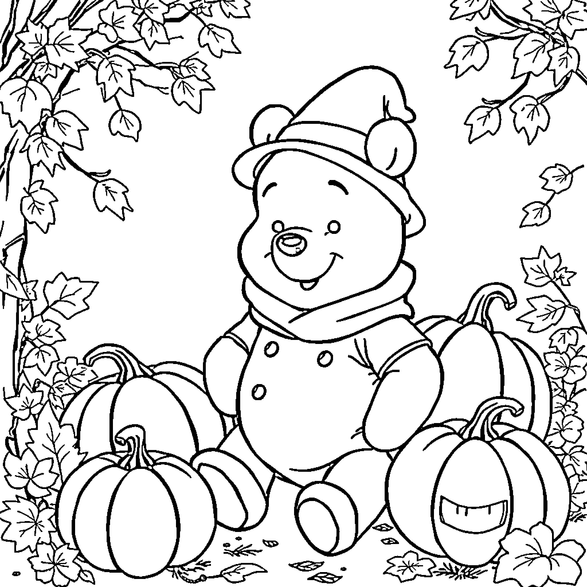 Winnie The Pooh enjoying autumn with pumpkins Coloring Page (free black-and-white line drawing printable PDF for all, from beginners to advanced learners, including children, teens, adults, and seniors)