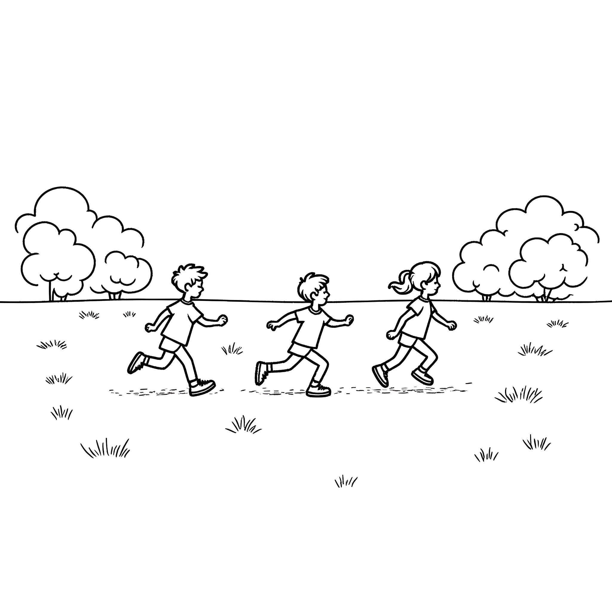 Blue Figures Running on Grassy Path Coloring Page (free black-and-white line drawing printable PDF for all, from beginners to advanced learners, including children, teens, adults, and seniors)