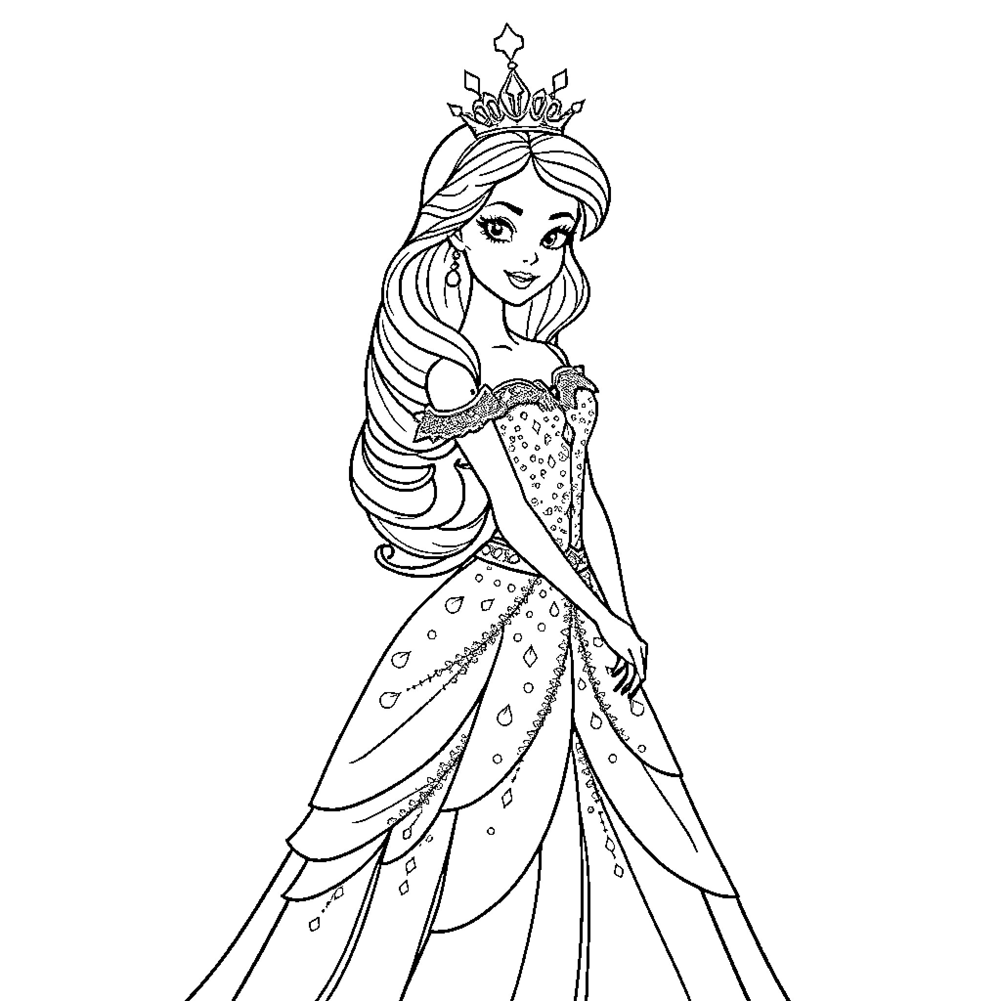 Princess in Elegant Dress and Crown Coloring Page (free black-and-white line drawing printable PDF for all, from beginners to advanced learners, including children, teens, adults, and seniors)
