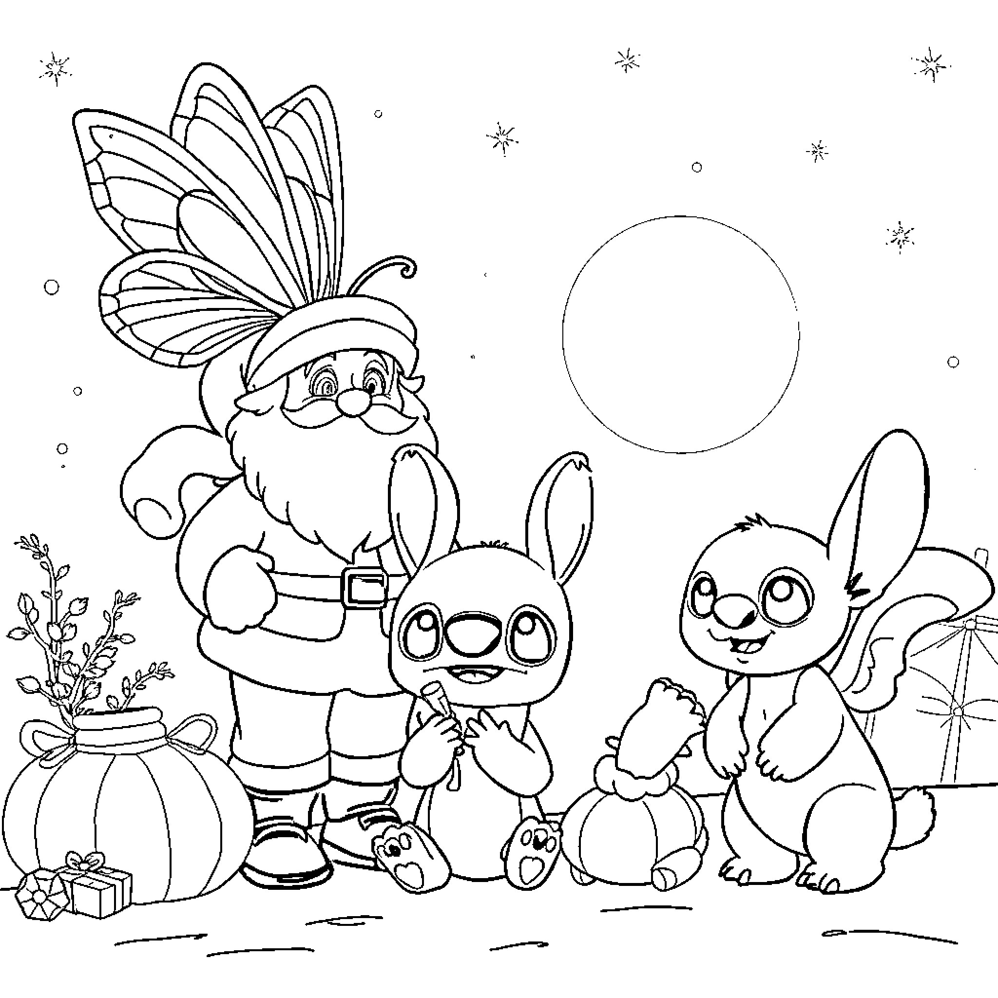 Papillon characters in festive scene Coloring Page (free black-and-white line drawing printable PDF for all, from beginners to advanced learners, including children, teens, adults, and seniors)