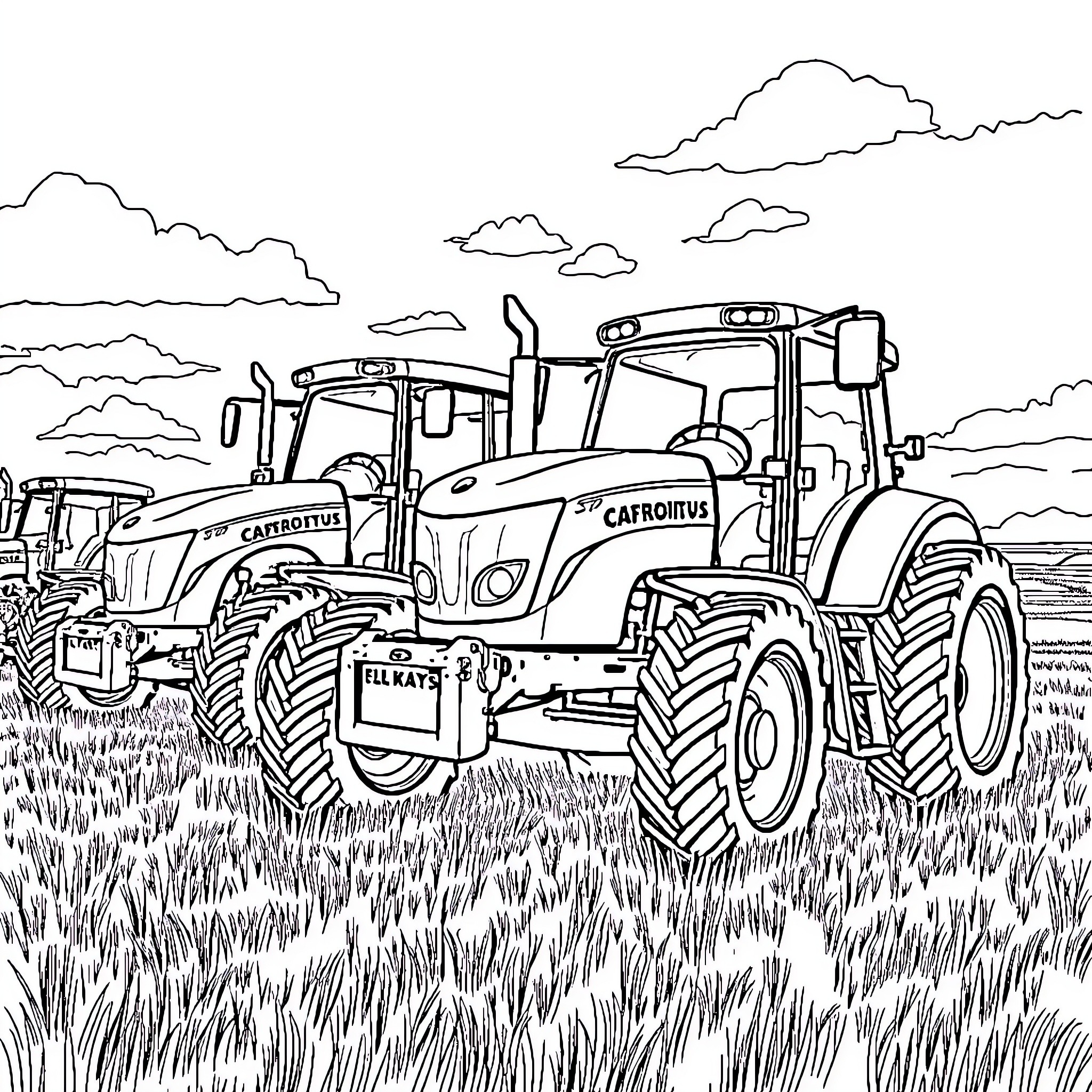 Tractor working in the countryside field Coloring Page (free black-and-white line drawing printable PDF for all, from beginners to advanced learners, including children, teens, adults, and seniors)