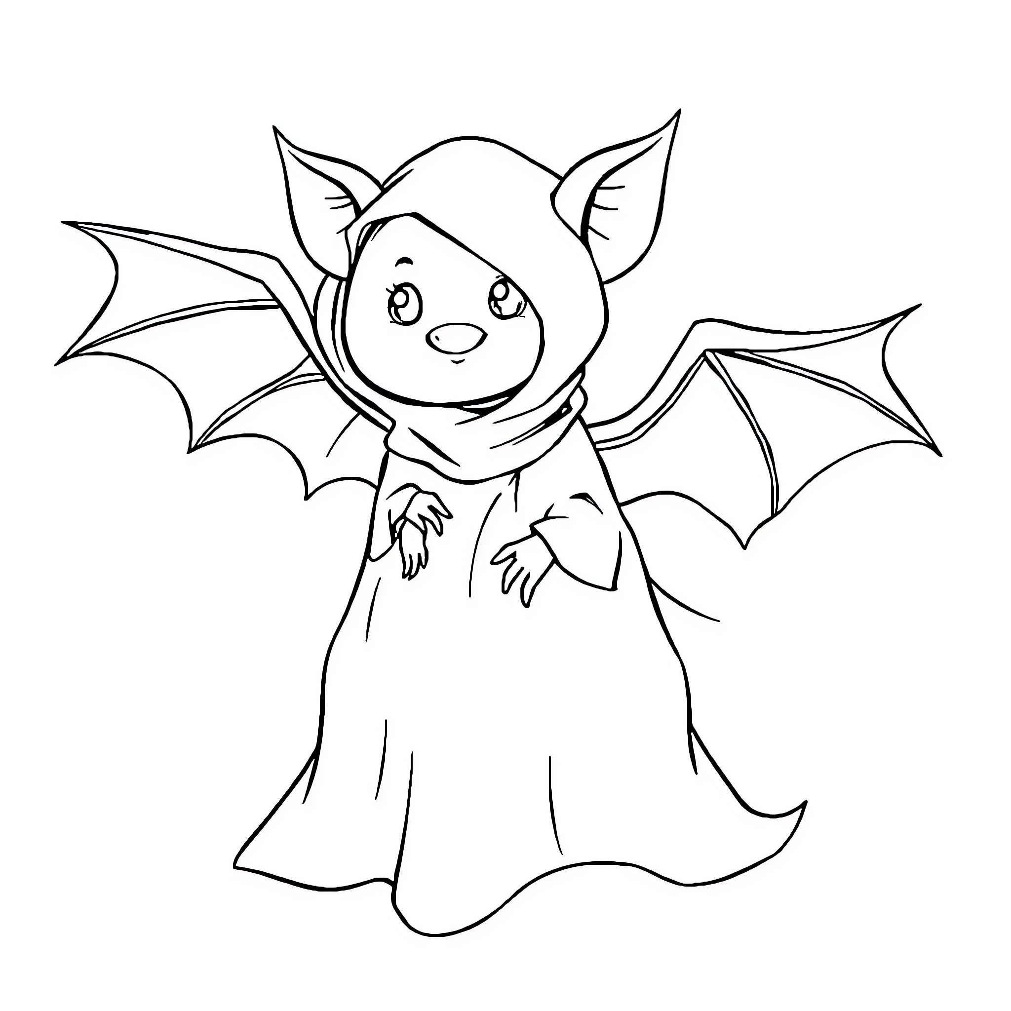 Bat in a playful costume Coloring Page (free black-and-white line drawing printable PDF for all, from beginners to advanced learners, including children, teens, adults, and seniors)
