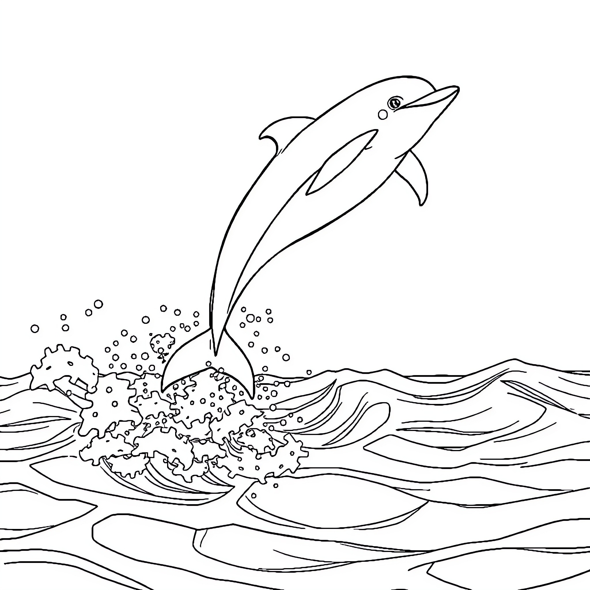 Dolphin jumping out of the ocean waves Coloring Page (free black-and-white line drawing printable PDF for all, from beginners to advanced learners, including children, teens, adults, and seniors)