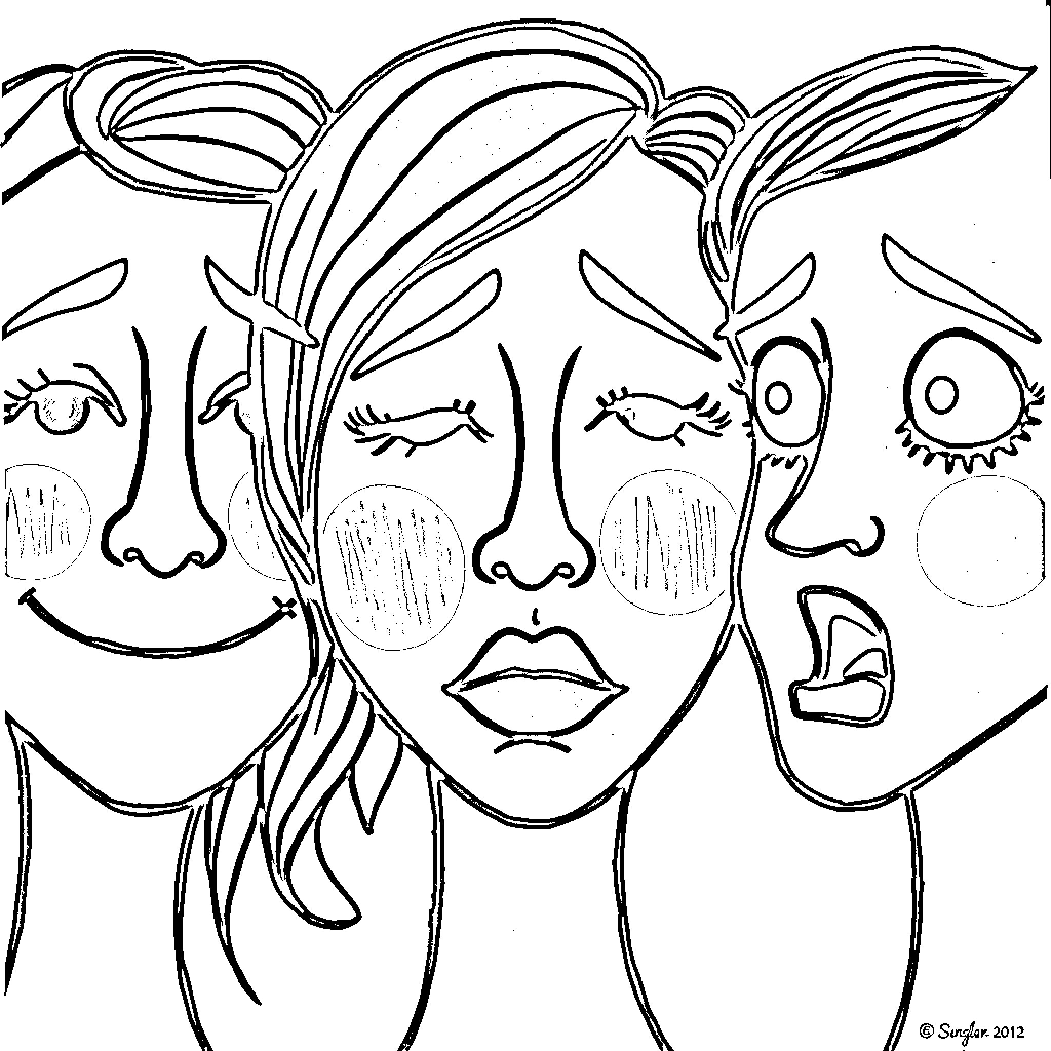 Face Expressing Various Emotions Coloring Page (free black-and-white line drawing printable PDF for all, from beginners to advanced learners, including children, teens, adults, and seniors)