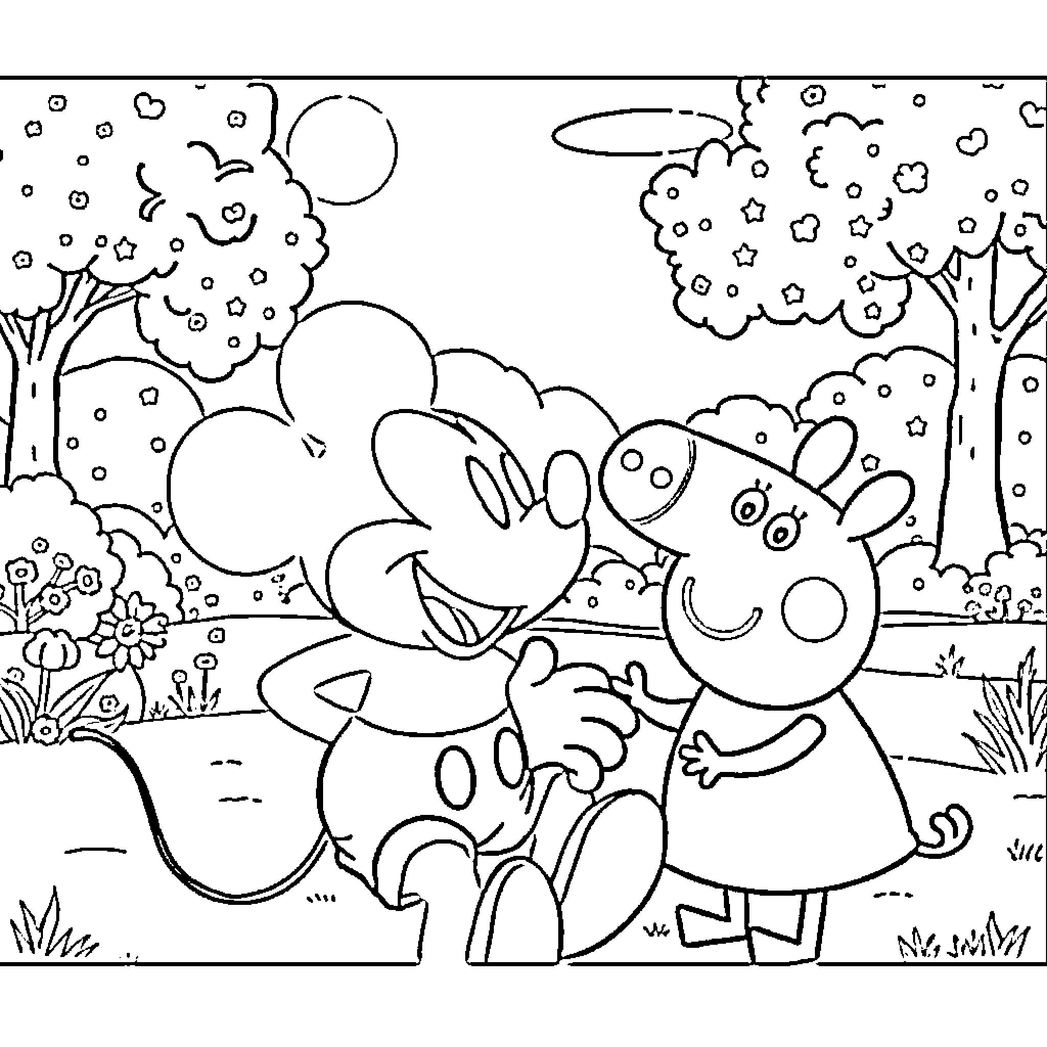 Mickey Mouse and Minnie Mouse playing in a magical forest Coloring Page (free black-and-white line drawing printable PDF for all, from beginners to advanced learners, including children, teens, adults, and seniors)