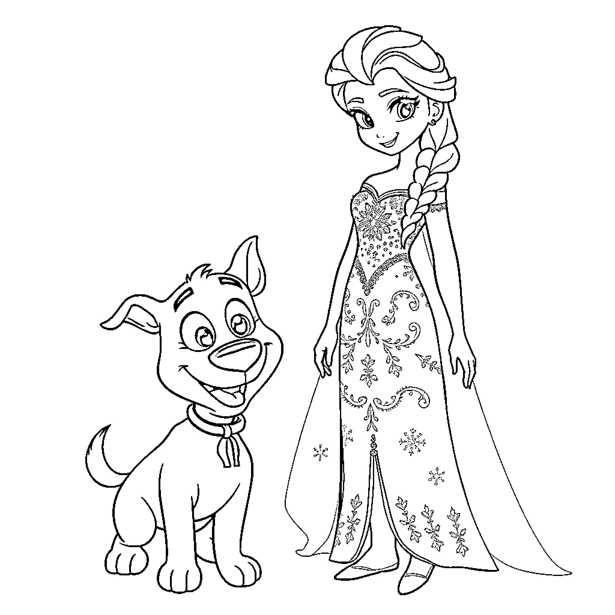 Elsa and her furry friend in a winter wonderland Coloring Page (free black-and-white line drawing printable PDF for all, from beginners to advanced learners, including children, teens, adults, and seniors)