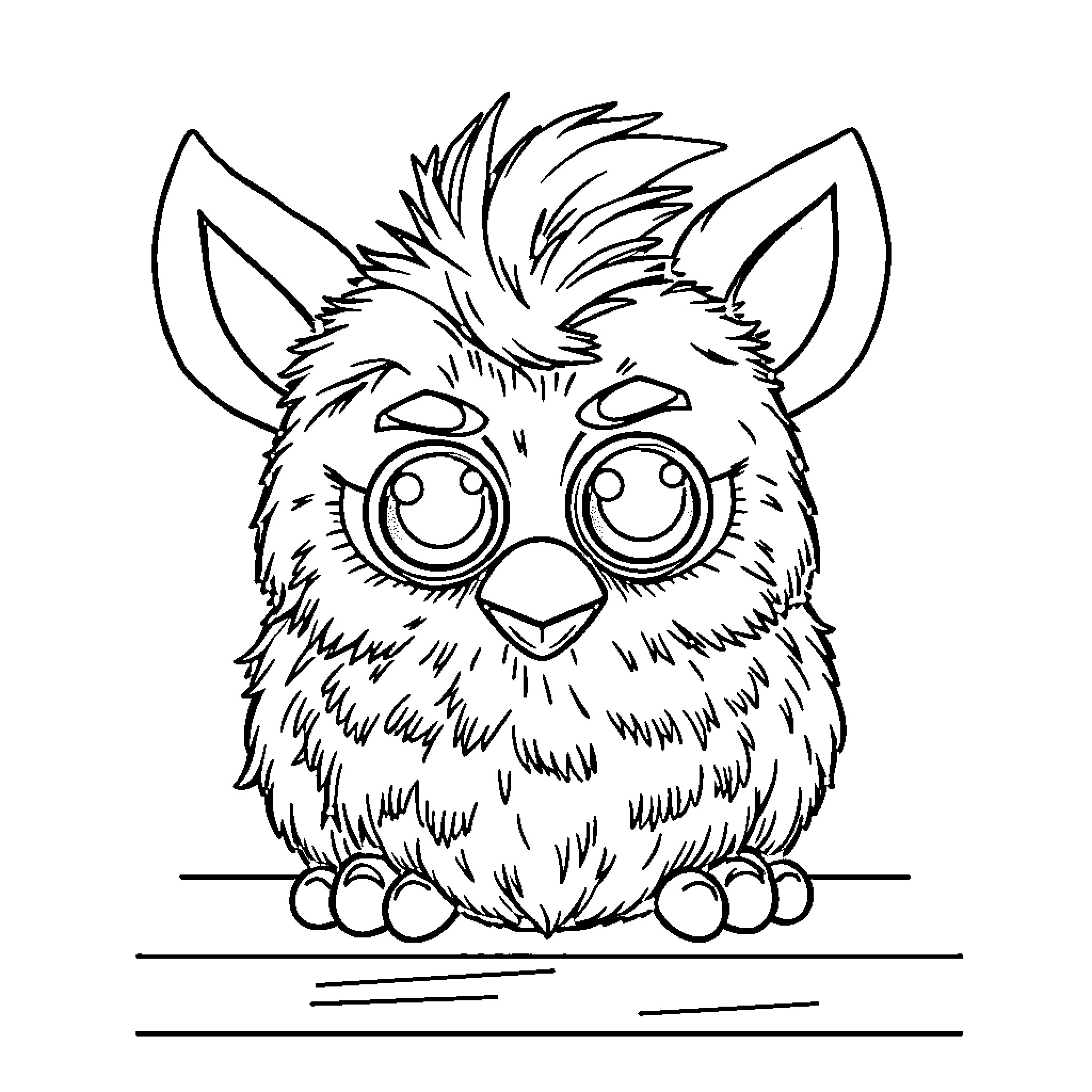 Furby with big eyes and fluffy body Coloring Page (free black-and-white line drawing printable PDF for all, from beginners to advanced learners, including children, teens, adults, and seniors)