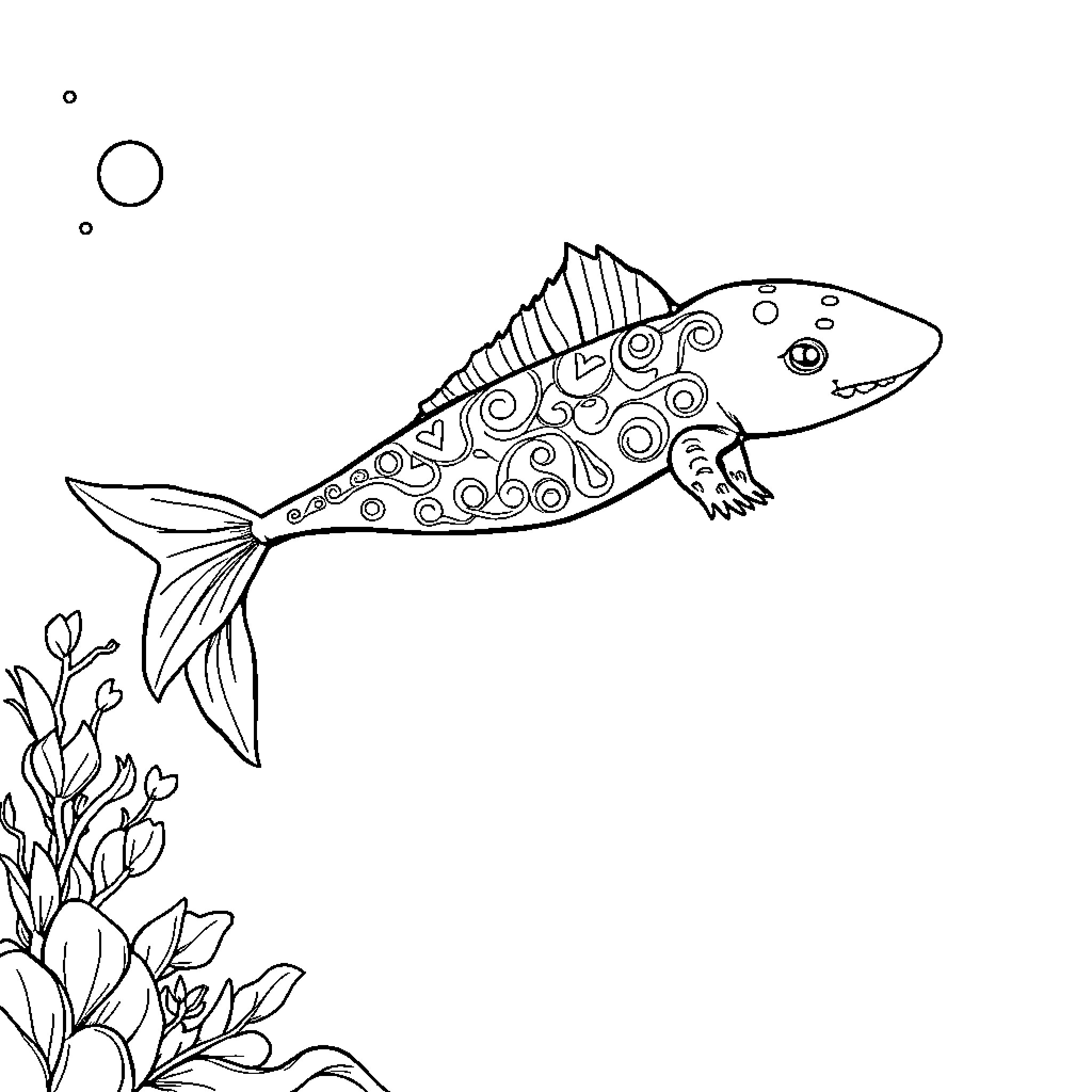 Axolotl swimming among aquatic plants Coloring Page (free black-and-white line drawing printable PDF for all, from beginners to advanced learners, including children, teens, adults, and seniors)
