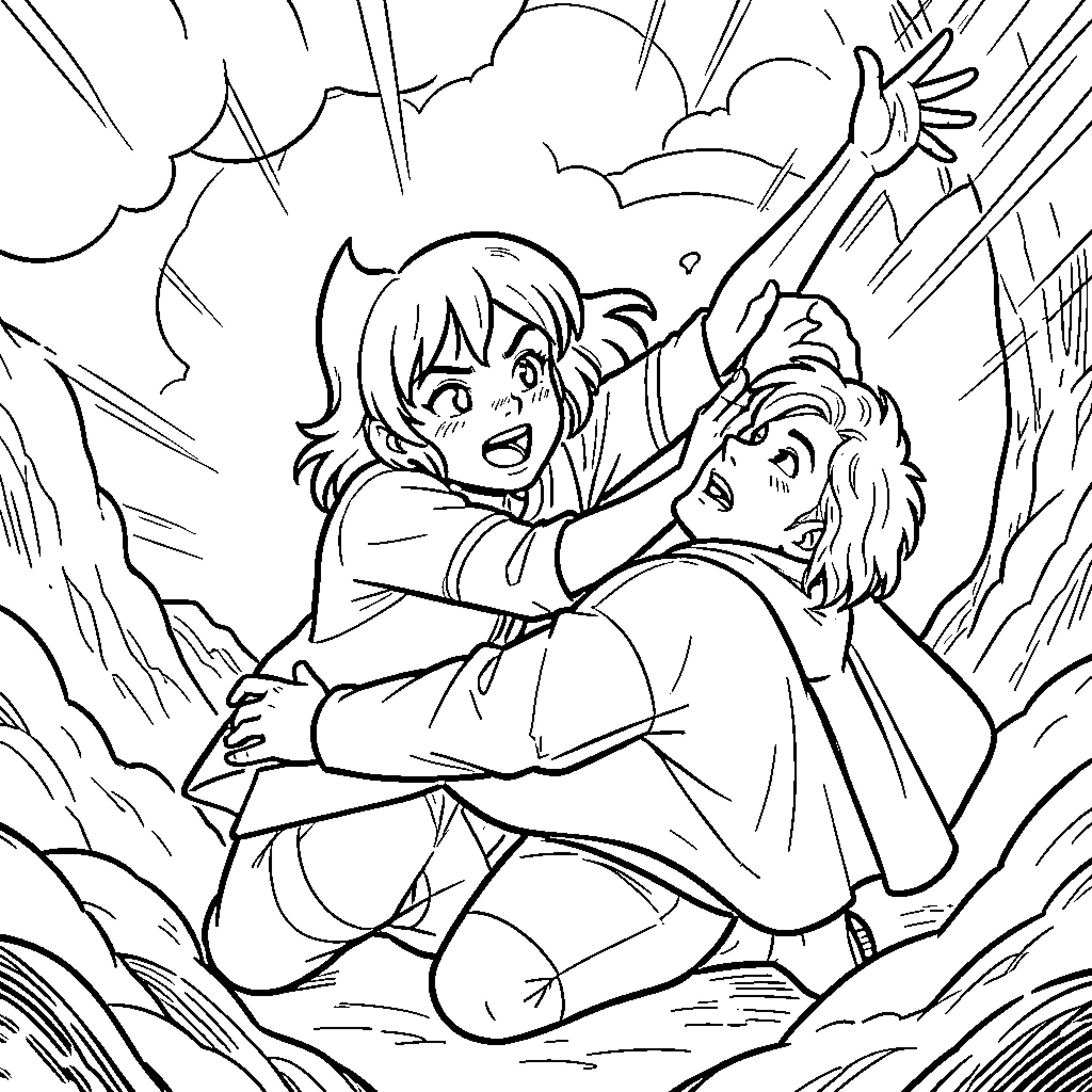 Vozinha hugging a boy while looking up in excitement Coloring Page (free black-and-white line drawing printable PDF for all, from beginners to advanced learners, including children, teens, adults, and seniors)