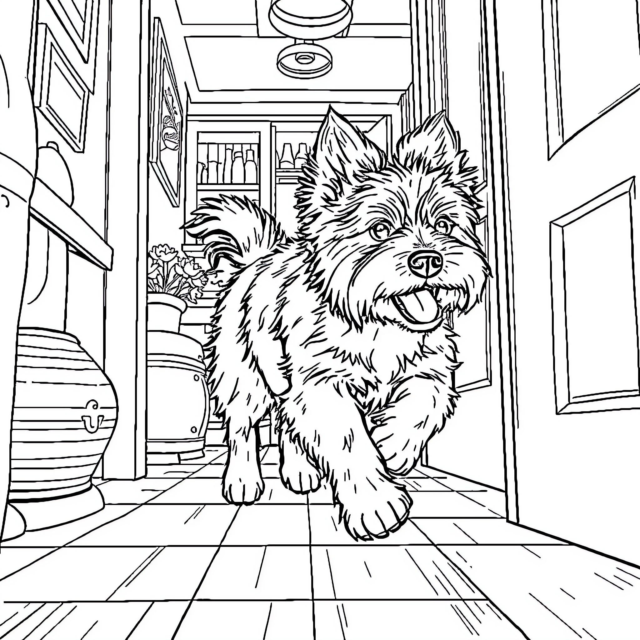 Dog happily waiting by the door Coloring Page (free black-and-white line drawing printable PDF for all, from beginners to advanced learners, including children, teens, adults, and seniors)