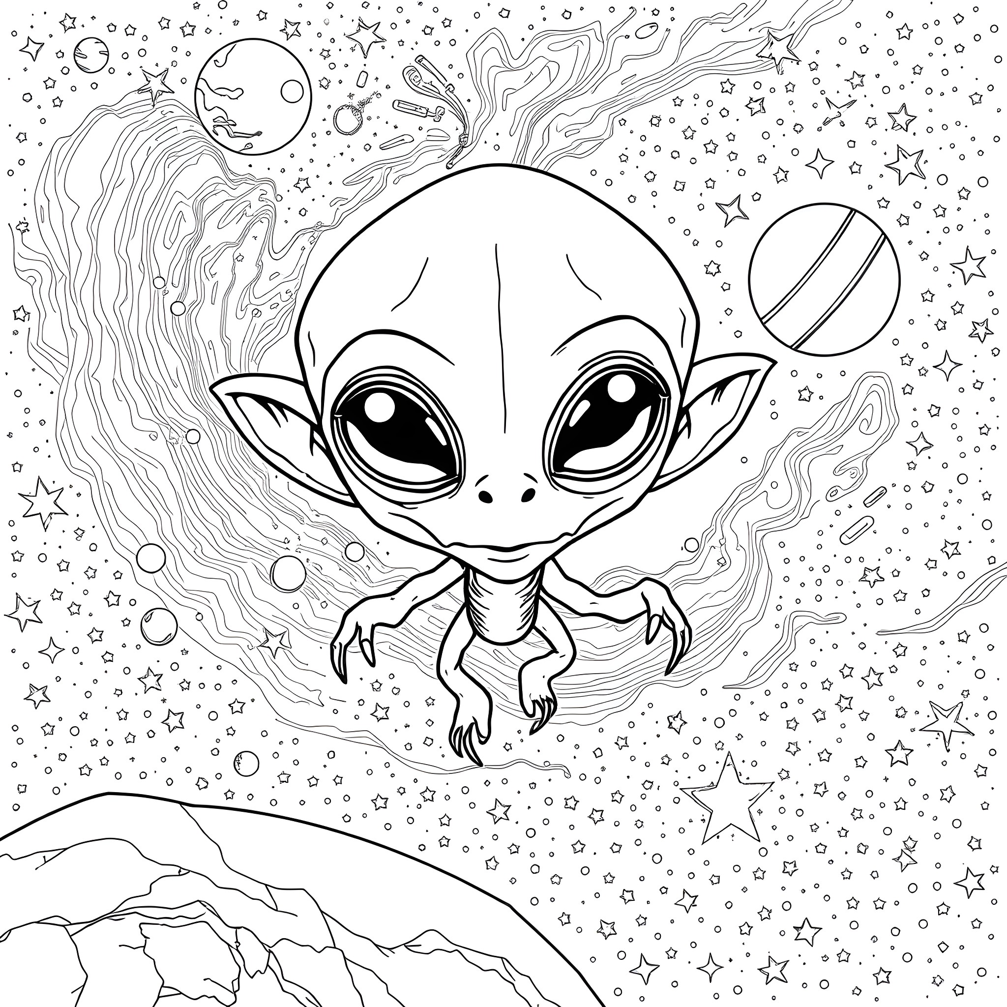 Alien exploring the cosmic wonderland Coloring Page (free black-and-white line drawing printable PDF for all, from beginners to advanced learners, including children, teens, adults, and seniors)