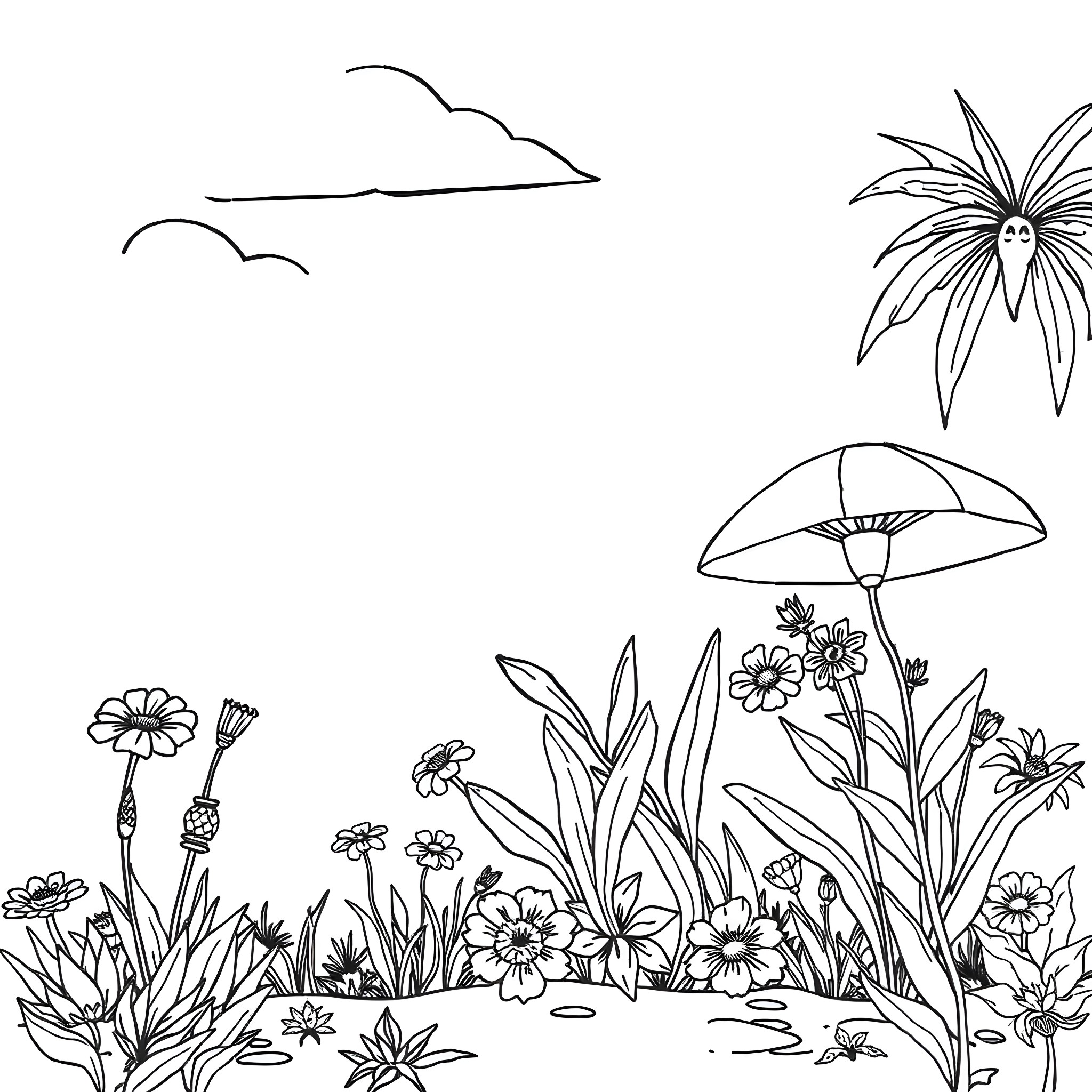 Month of Flowers and Mushrooms in Nature Coloring Page (free black-and-white line drawing printable PDF for all, from beginners to advanced learners, including children, teens, adults, and seniors)