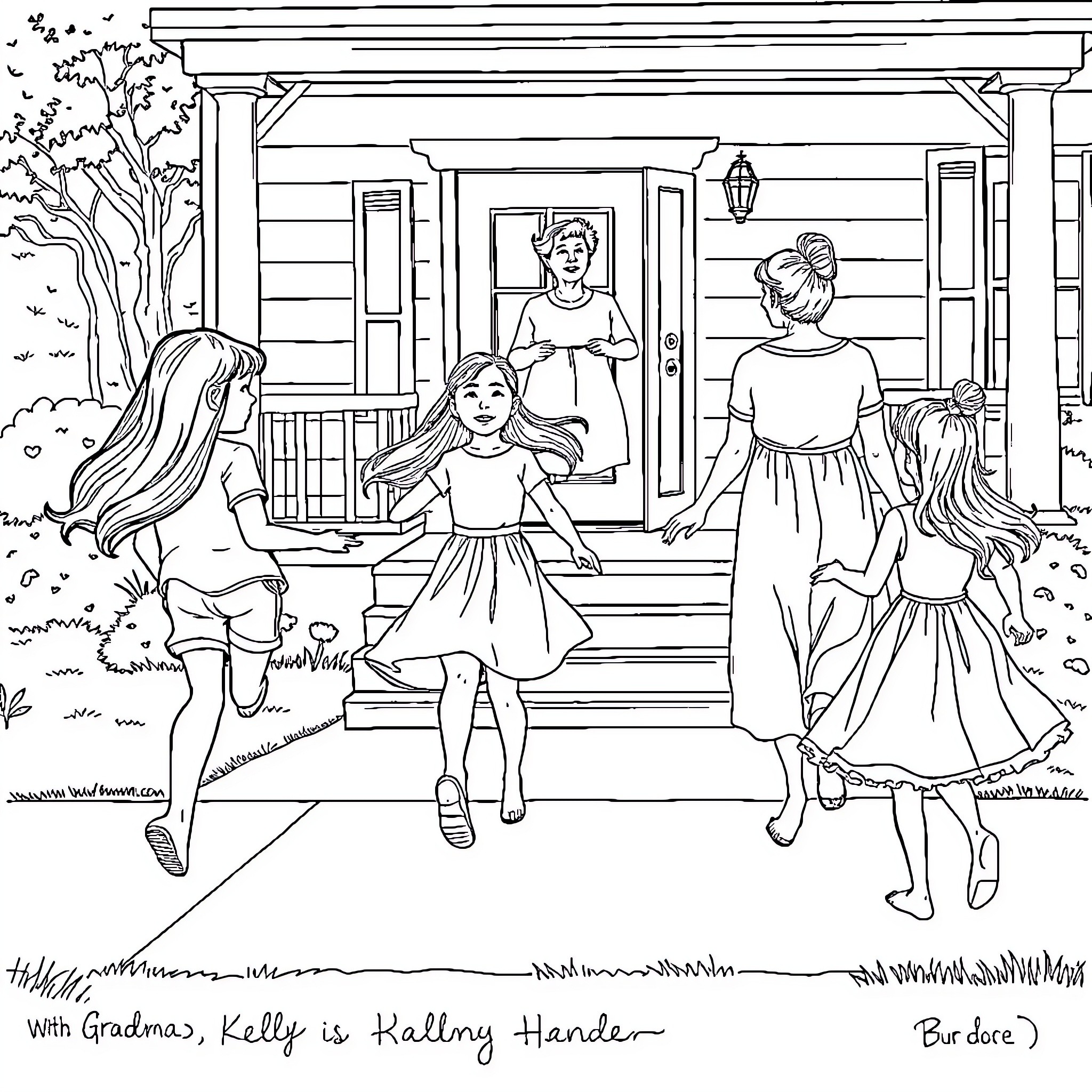Girl and her friends playing on porch Coloring Page (free black-and-white line drawing printable PDF for all, from beginners to advanced learners, including children, teens, adults, and seniors)