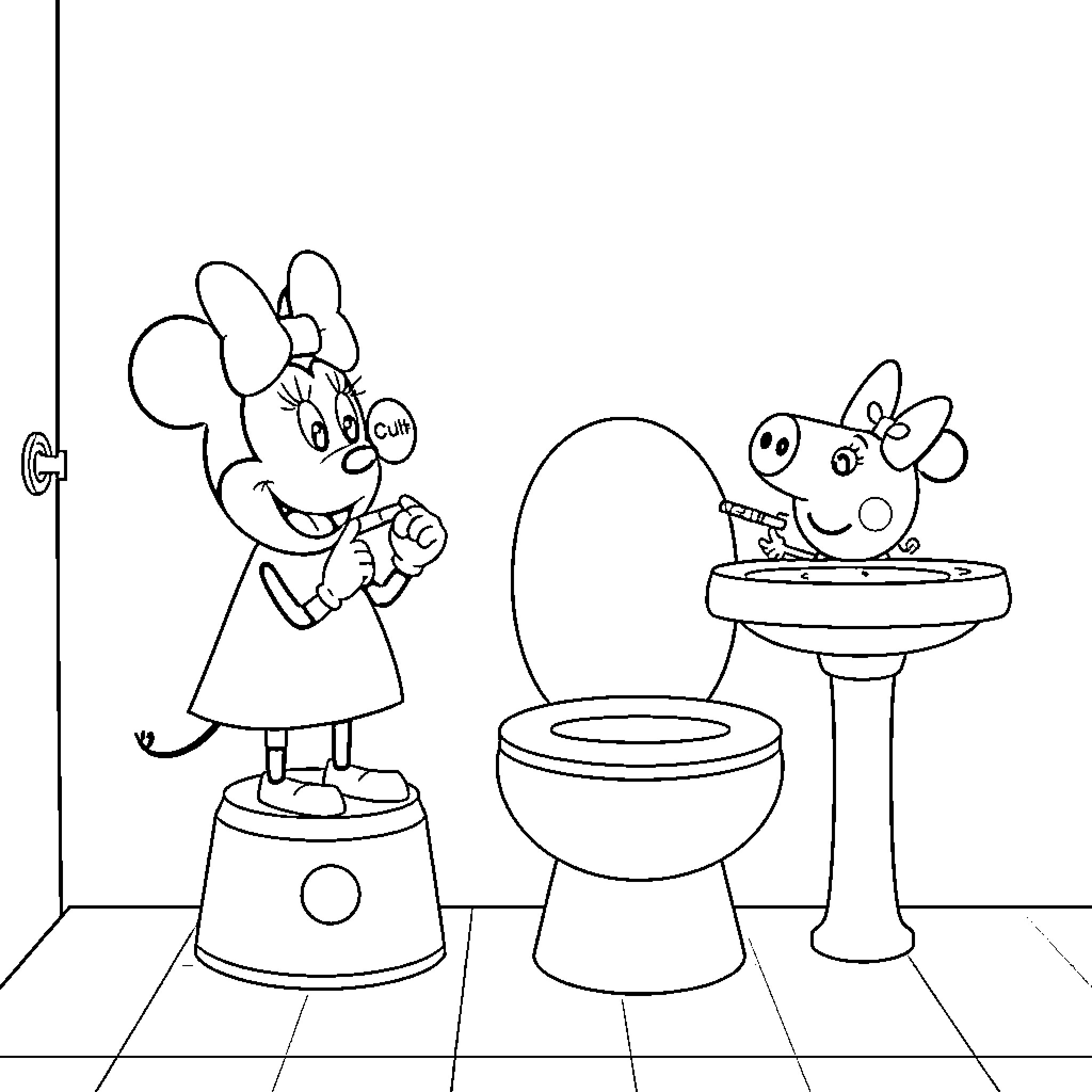 Peppa Pig playing and exploring the bathroom Coloring Page (free black-and-white line drawing printable PDF for all, from beginners to advanced learners, including children, teens, adults, and seniors)