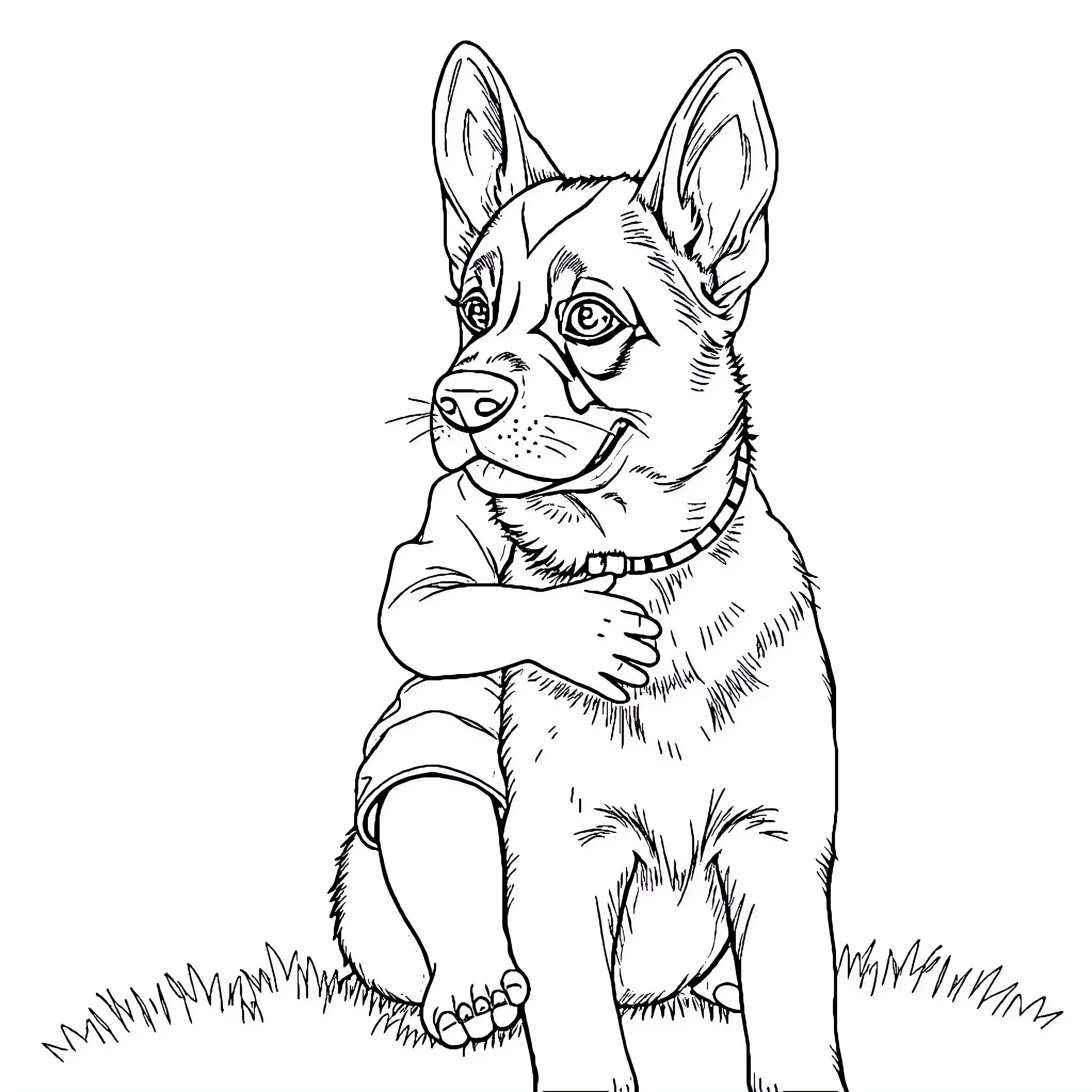 Baby Boy Puppy Sitting Happily in the Grass Coloring Page (free black-and-white line drawing printable PDF for all, from beginners to advanced learners, including children, teens, adults, and seniors)