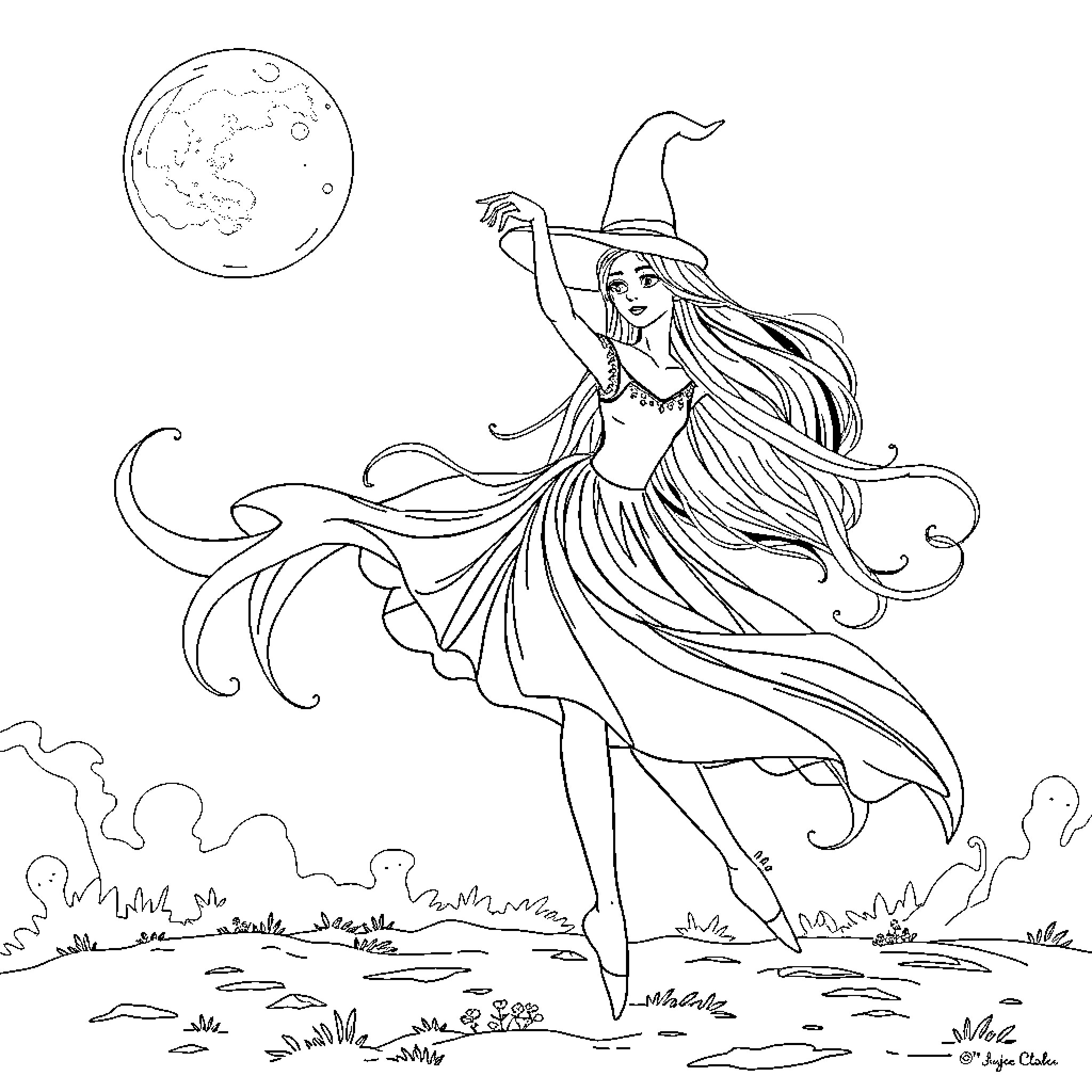 Ballerina dancing gracefully under the moon Coloring Page (free black-and-white line drawing printable PDF for all, from beginners to advanced learners, including children, teens, adults, and seniors)
