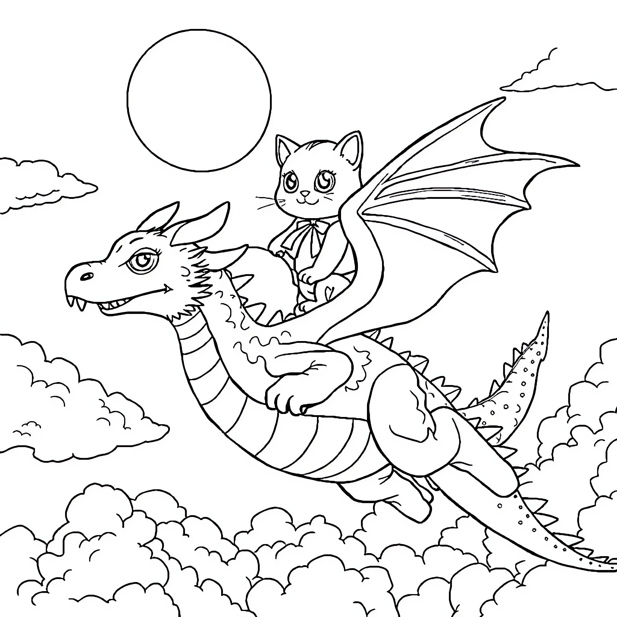 Cat Riding a Magical Dragon in the Sky Coloring Page (free black-and-white line drawing printable PDF for all, from beginners to advanced learners, including children, teens, adults, and seniors)