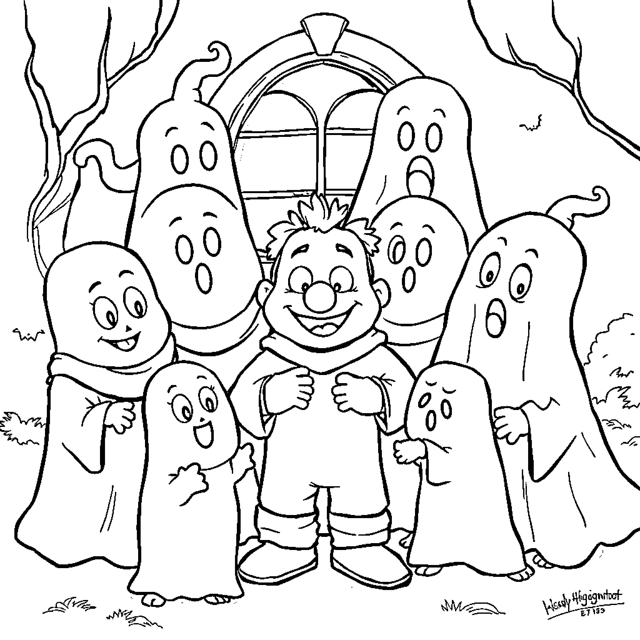 Ghost characters in a spooky scene Coloring Page (free black-and-white line drawing printable PDF for all, from beginners to advanced learners, including children, teens, adults, and seniors)
