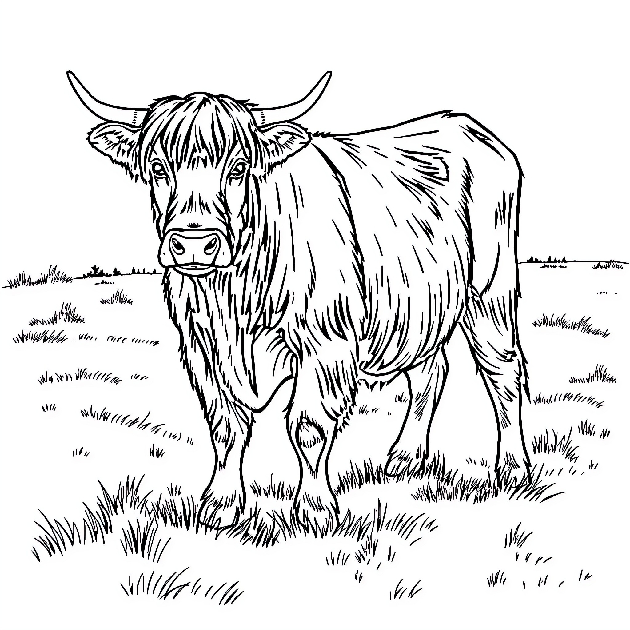 Highland Cow standing in a grassy field Coloring Page (free black-and-white line drawing printable PDF for all, from beginners to advanced learners, including children, teens, adults, and seniors)